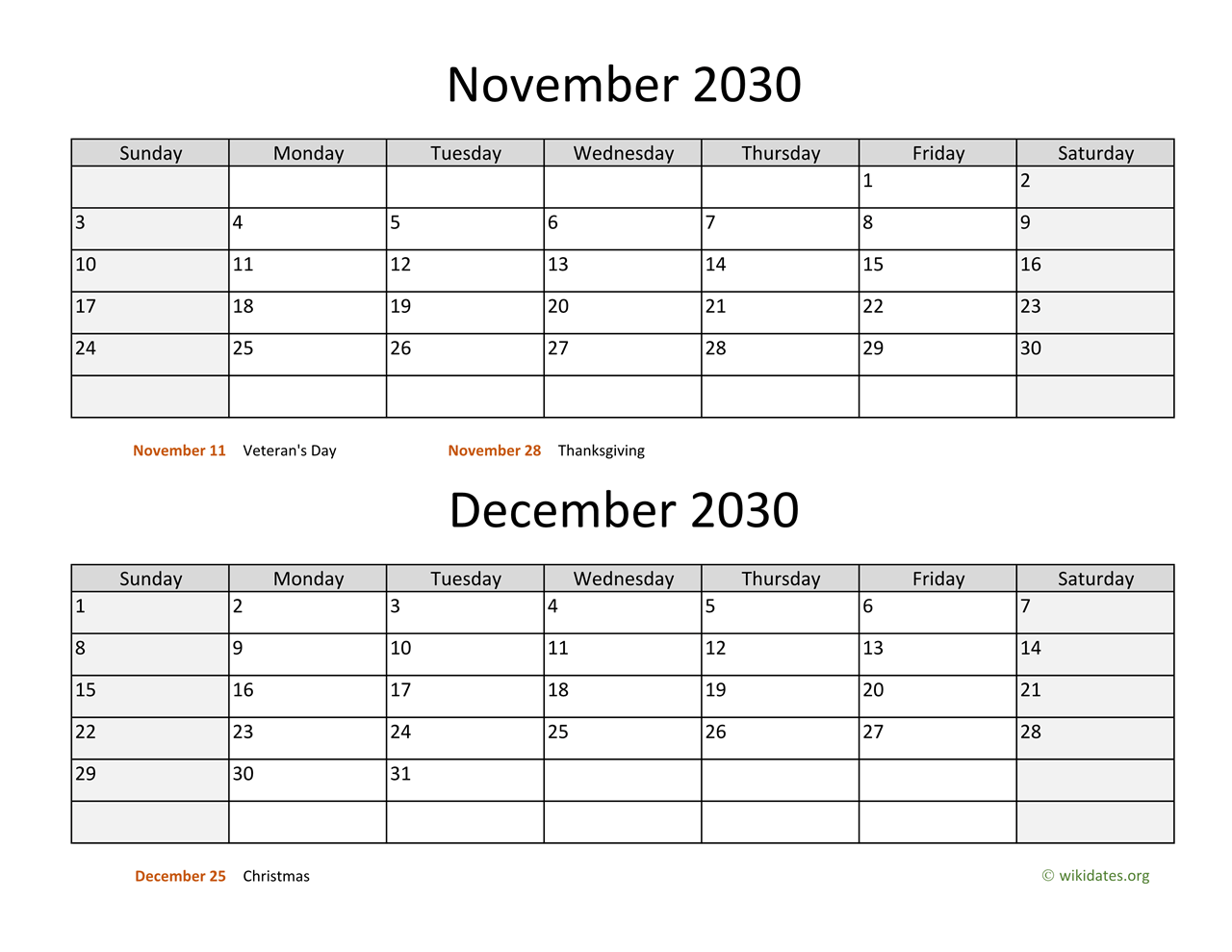 November And December 2030 Calendar WikiDates