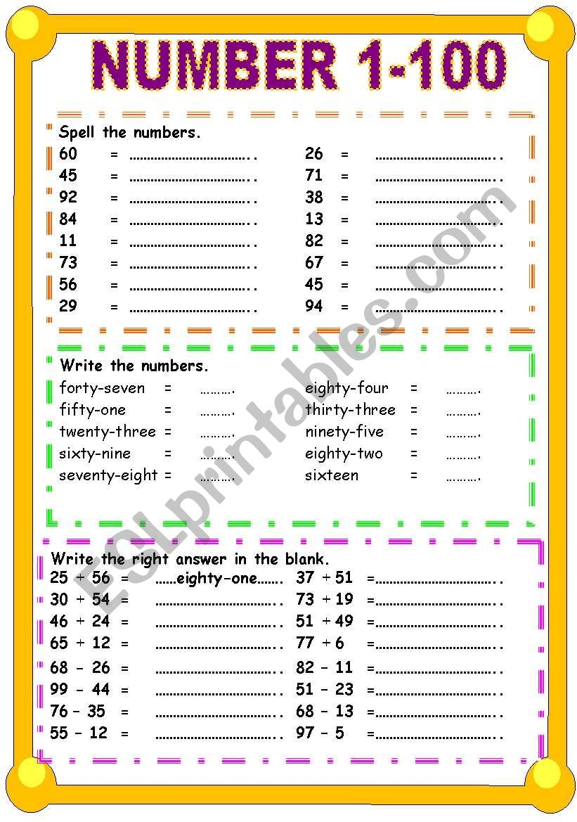 Numbers 1 100 Printable Worksheets