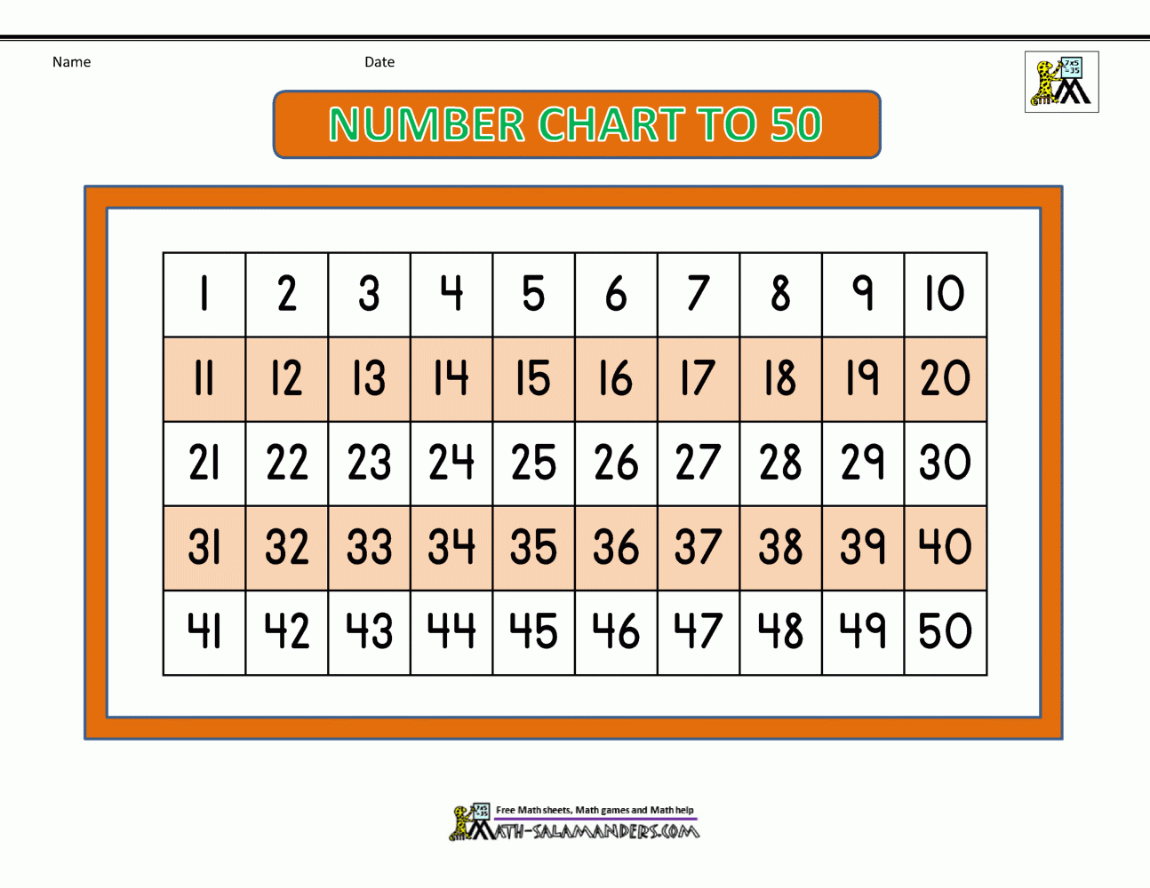 Free Printable Number Chart 1-50