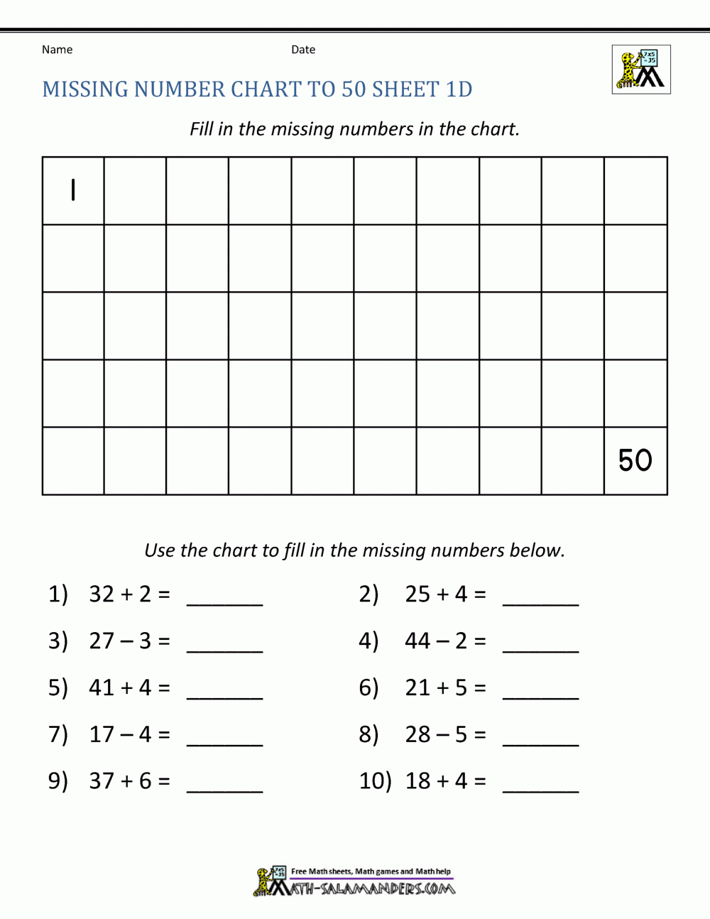 Number Chart To 50