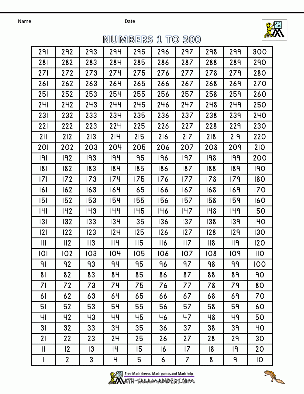 Number Chart 1 300 Printable