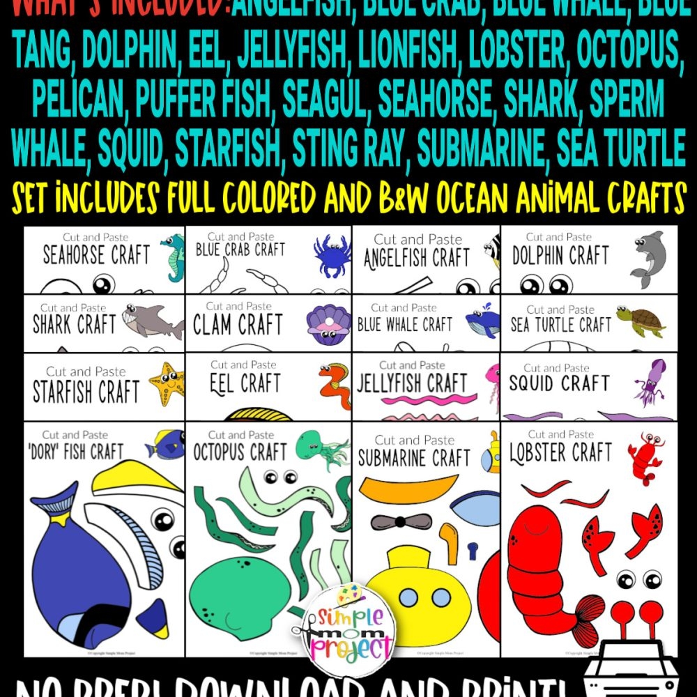 Ocean Animal Crafts Mega Bundle 45 Printable Cut Paste Templates For Kids Simple Mom Project Store