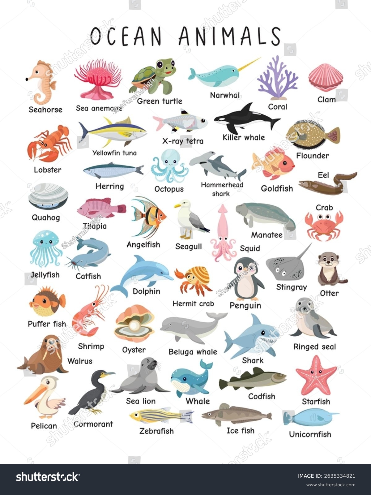 Ocean Animals Chart Kids Colorful Educational Stock Vector Royalty Free 2635334821 Shutterstock
