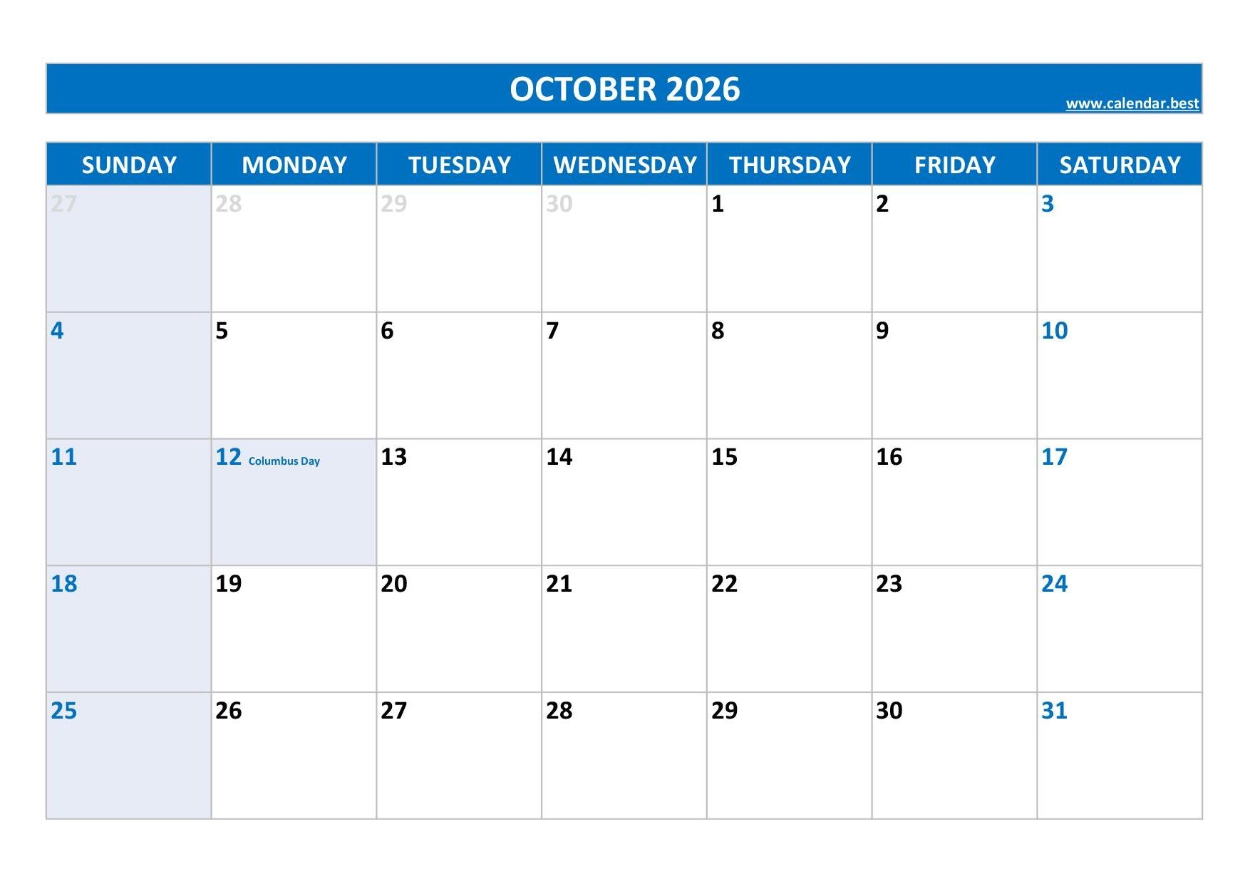 October 2026 Calendar Calendar best October 2026 Calendar Calendar best