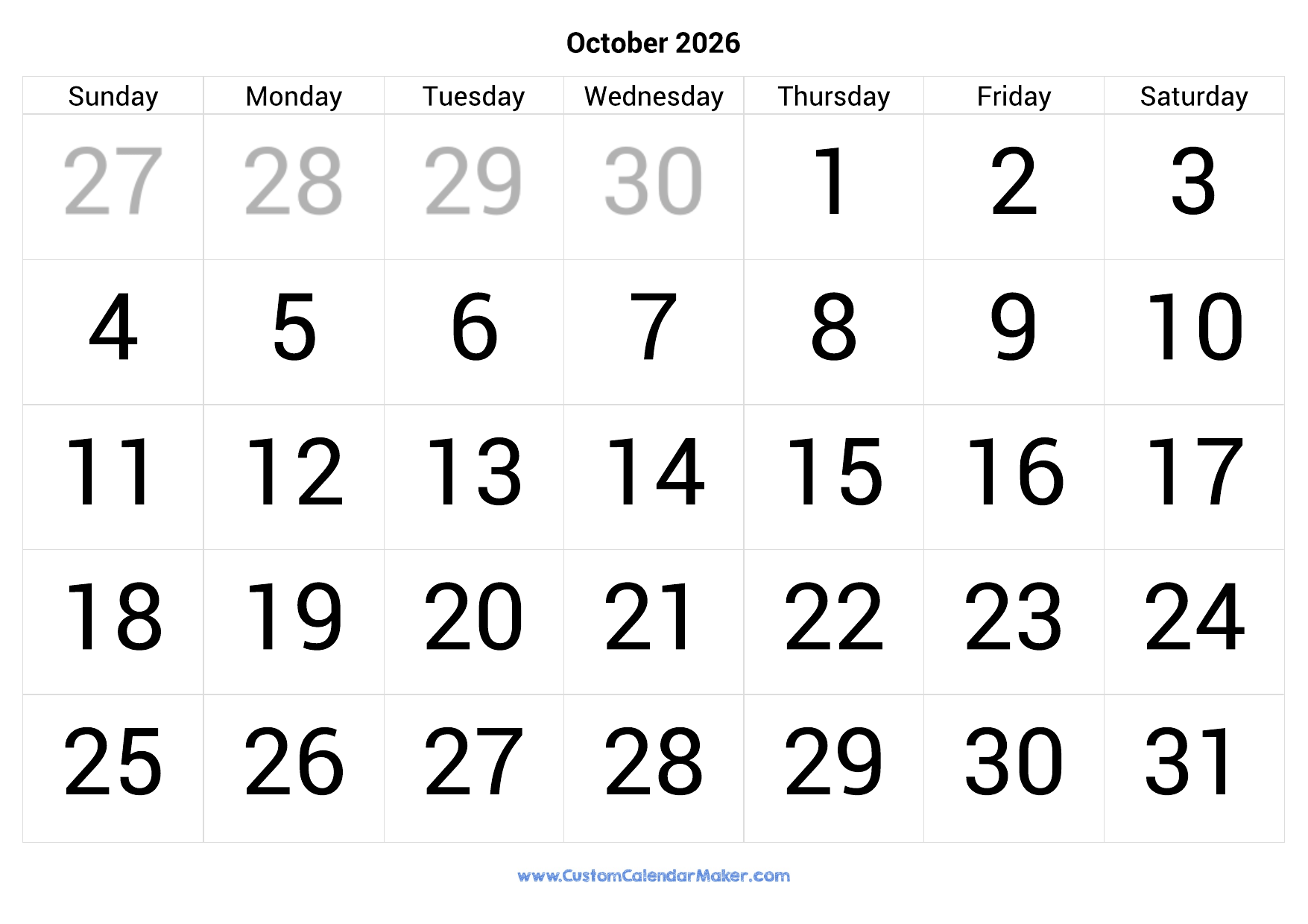 Free Printable October Calendar 2026