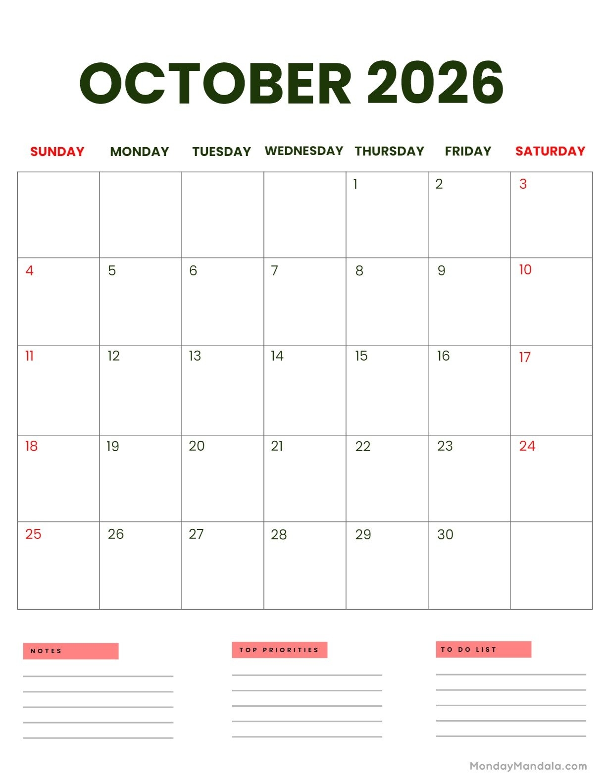 October 2026 Calendars 52 Free PDF Printables