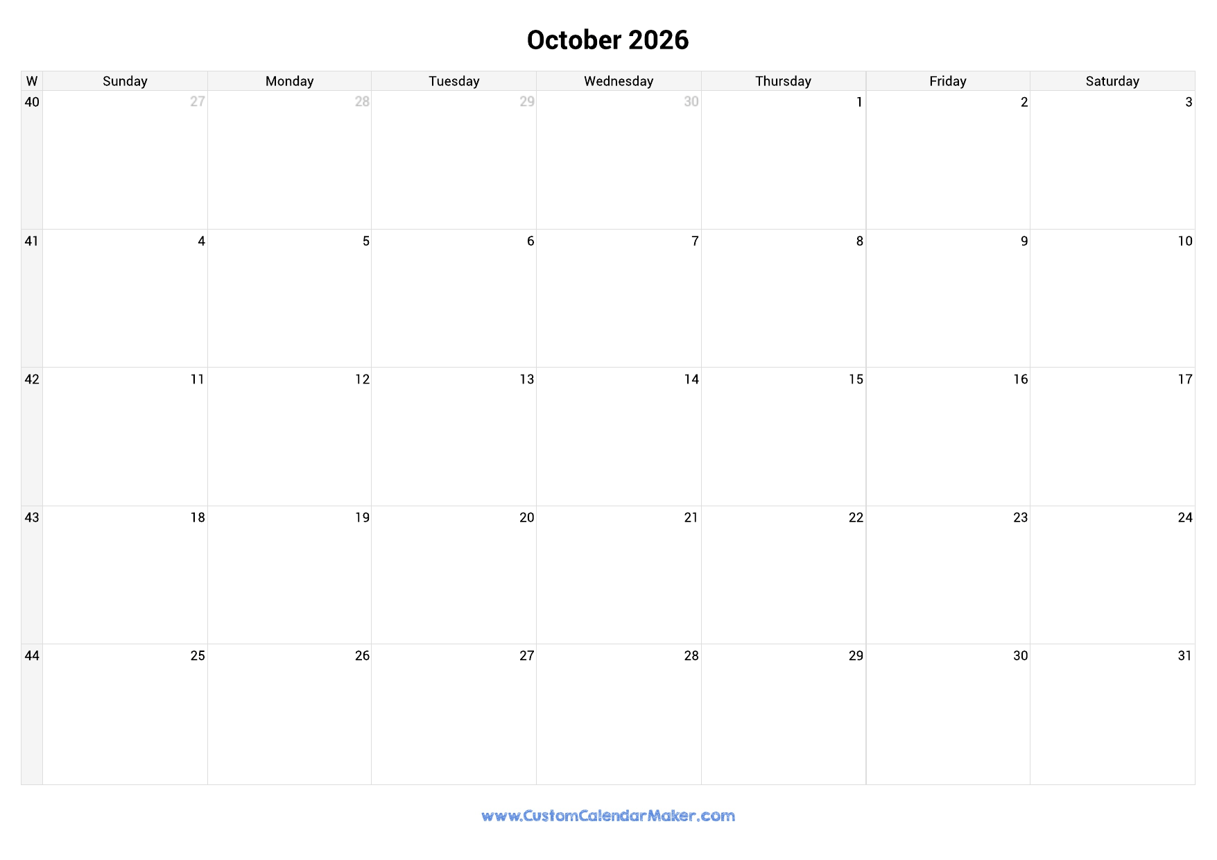 October 2026 Calendar Printable