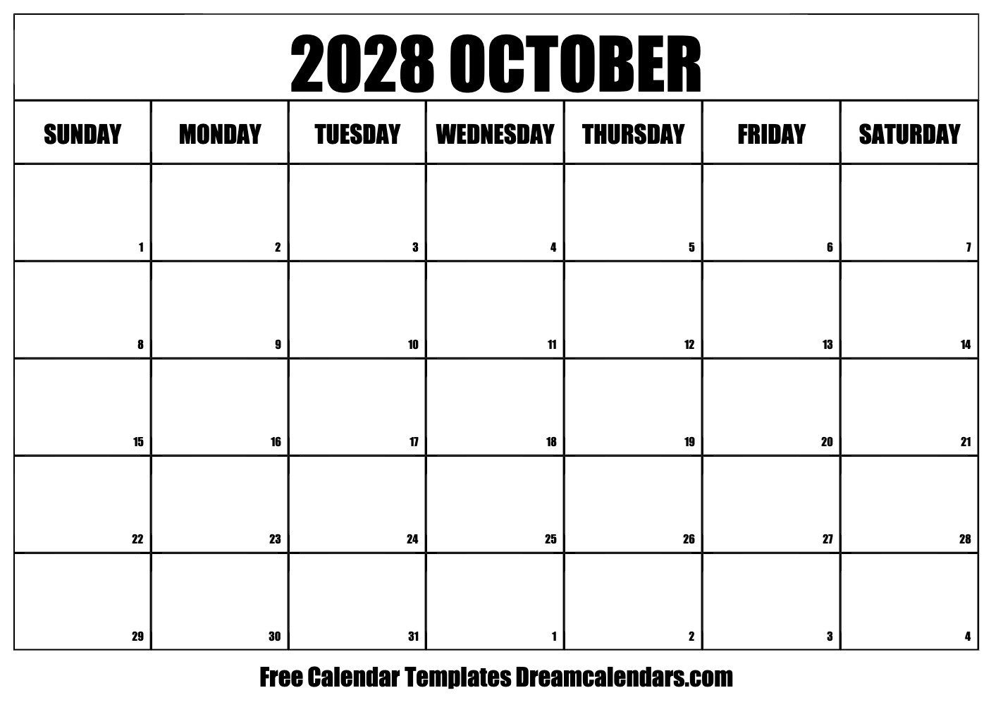 October 2028 Calendar Free Printable With Holidays And Observances