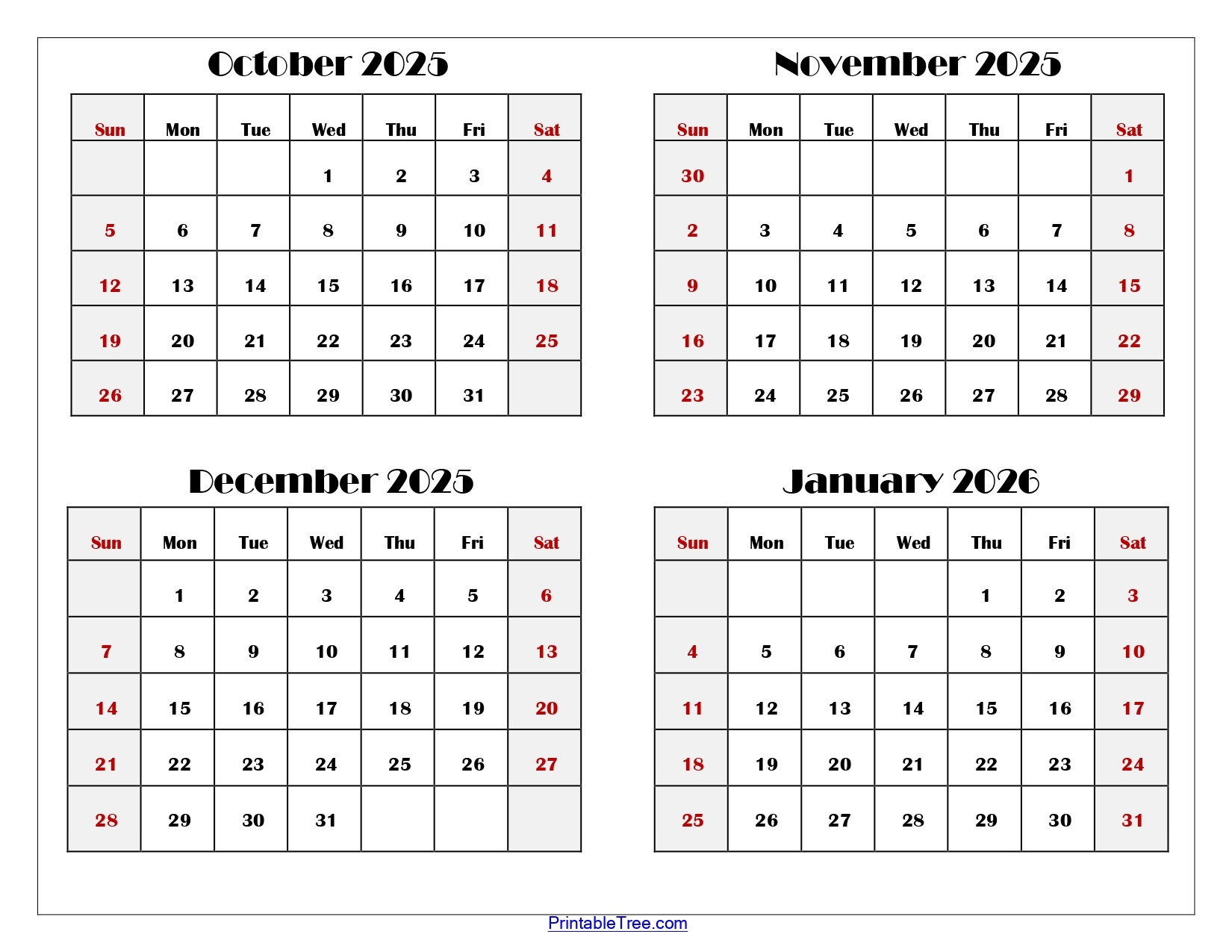 October To January 2026 Calendar Printable PDF Four Months Calendar
