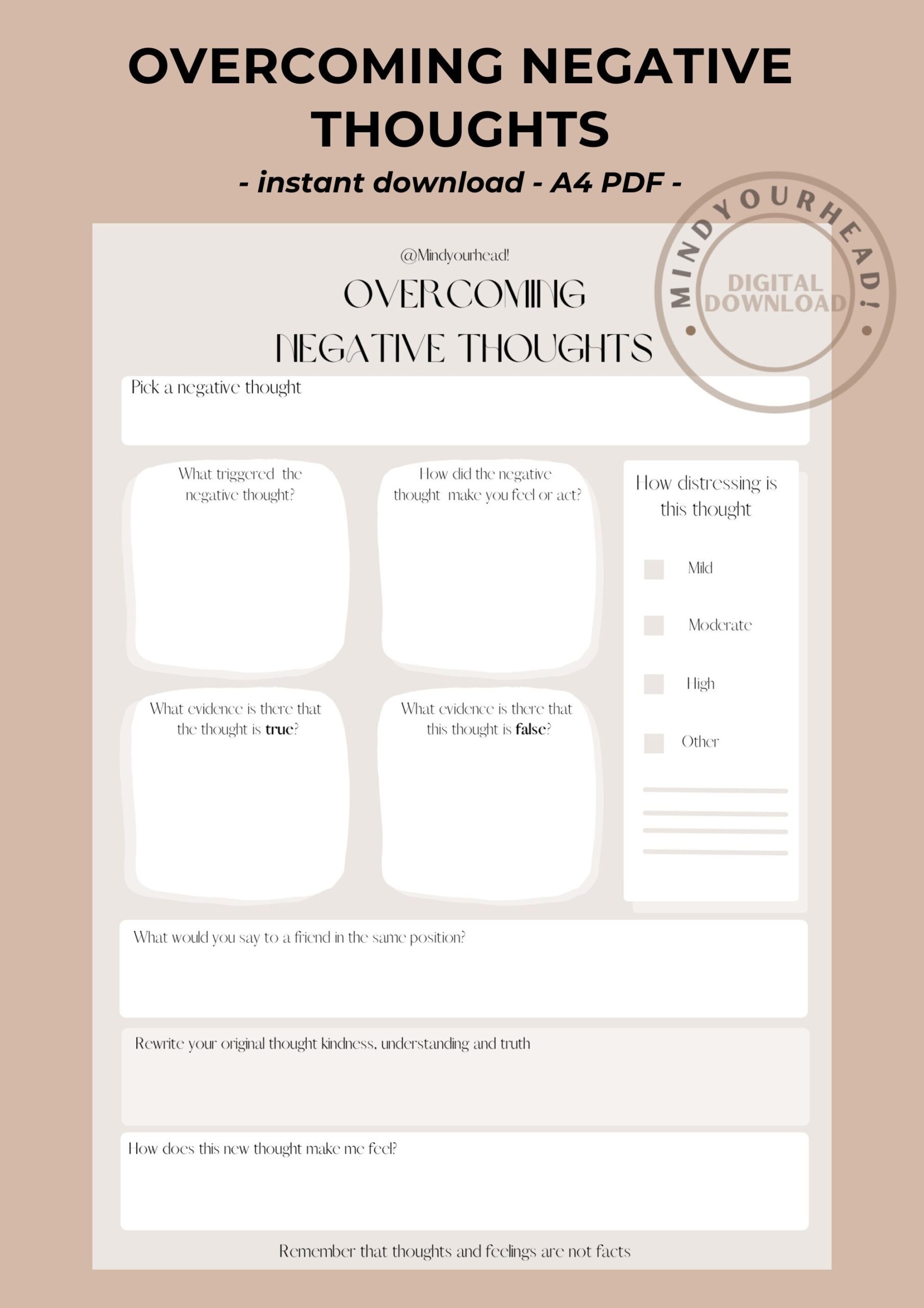 Overcoming Negative Thoughts Worksheet CBT Printable Worksheet Journal Self Help Tool Therapy Psychology Mental Health Counselling Etsy
