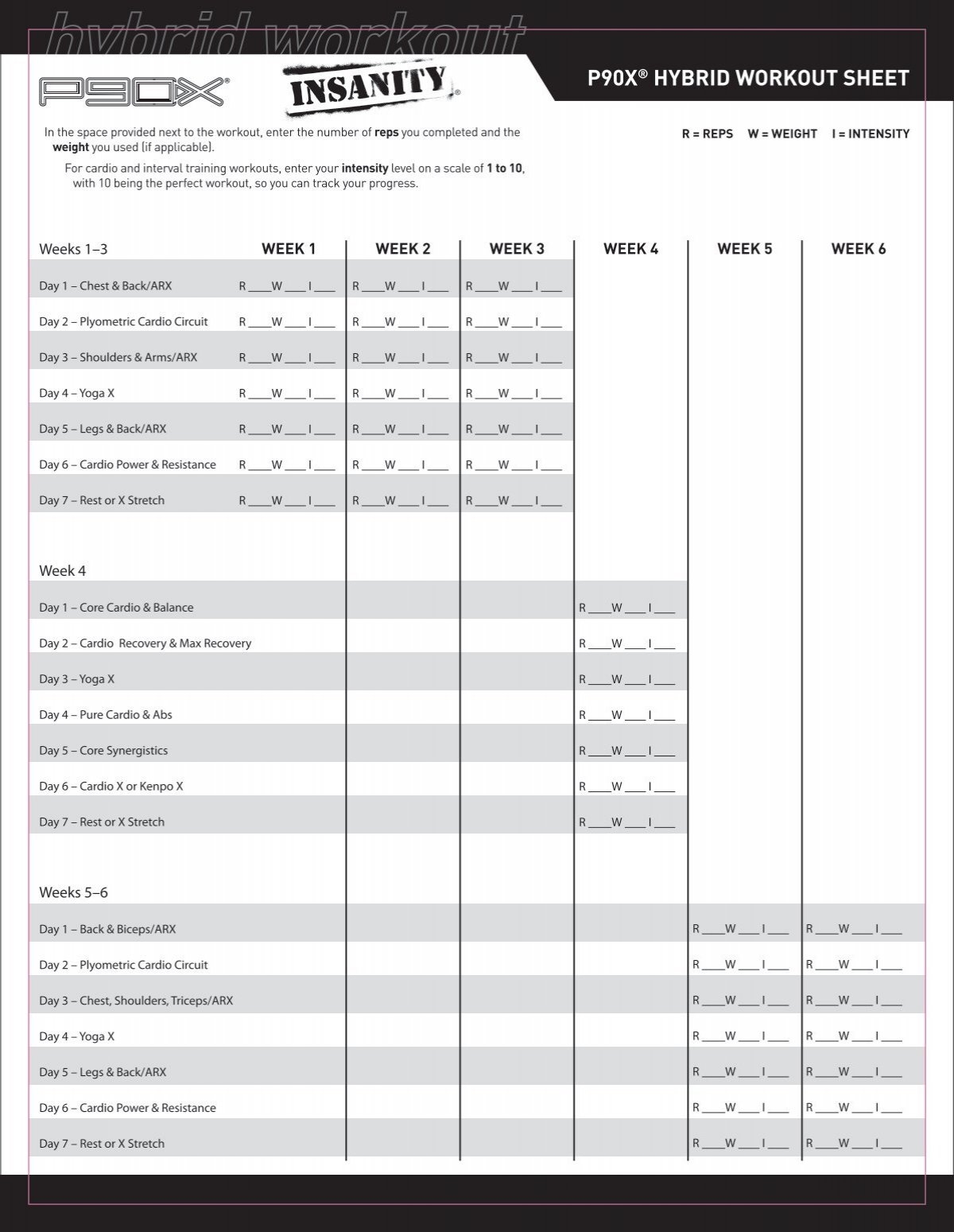 P90x3 Workout Calendar Printable
