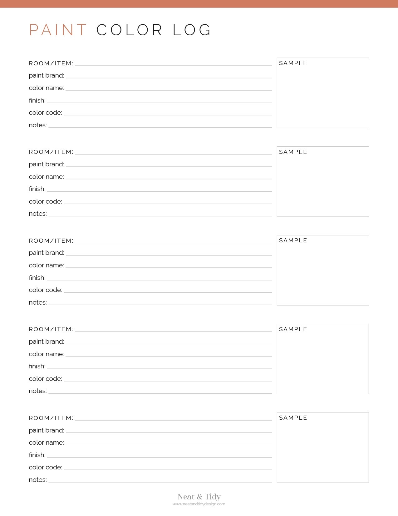 Printable Blank Paint Color Chart Interior
