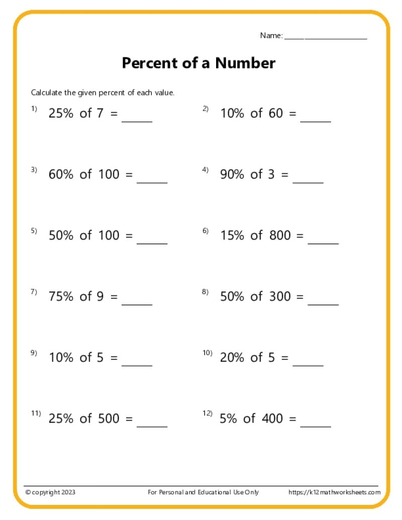 Percent Of A Number Worksheets