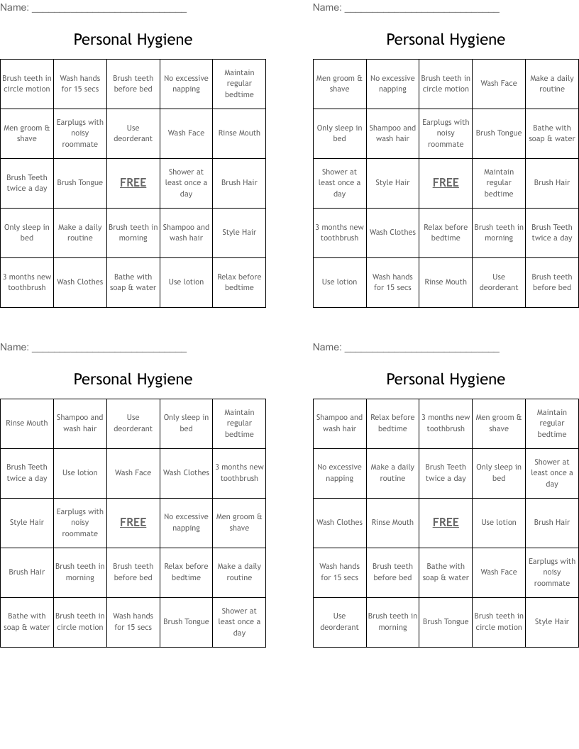 Personal Hygiene Bingo Cards WordMint Personal Hygiene Bingo Cards WordMint