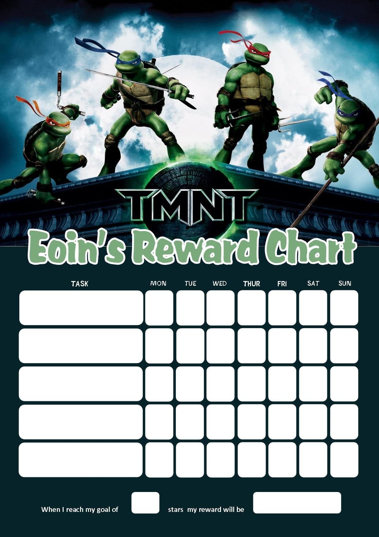 Personalised Teenage Mutant Ninja Turtles Reward Chart Adding Photo Option Available