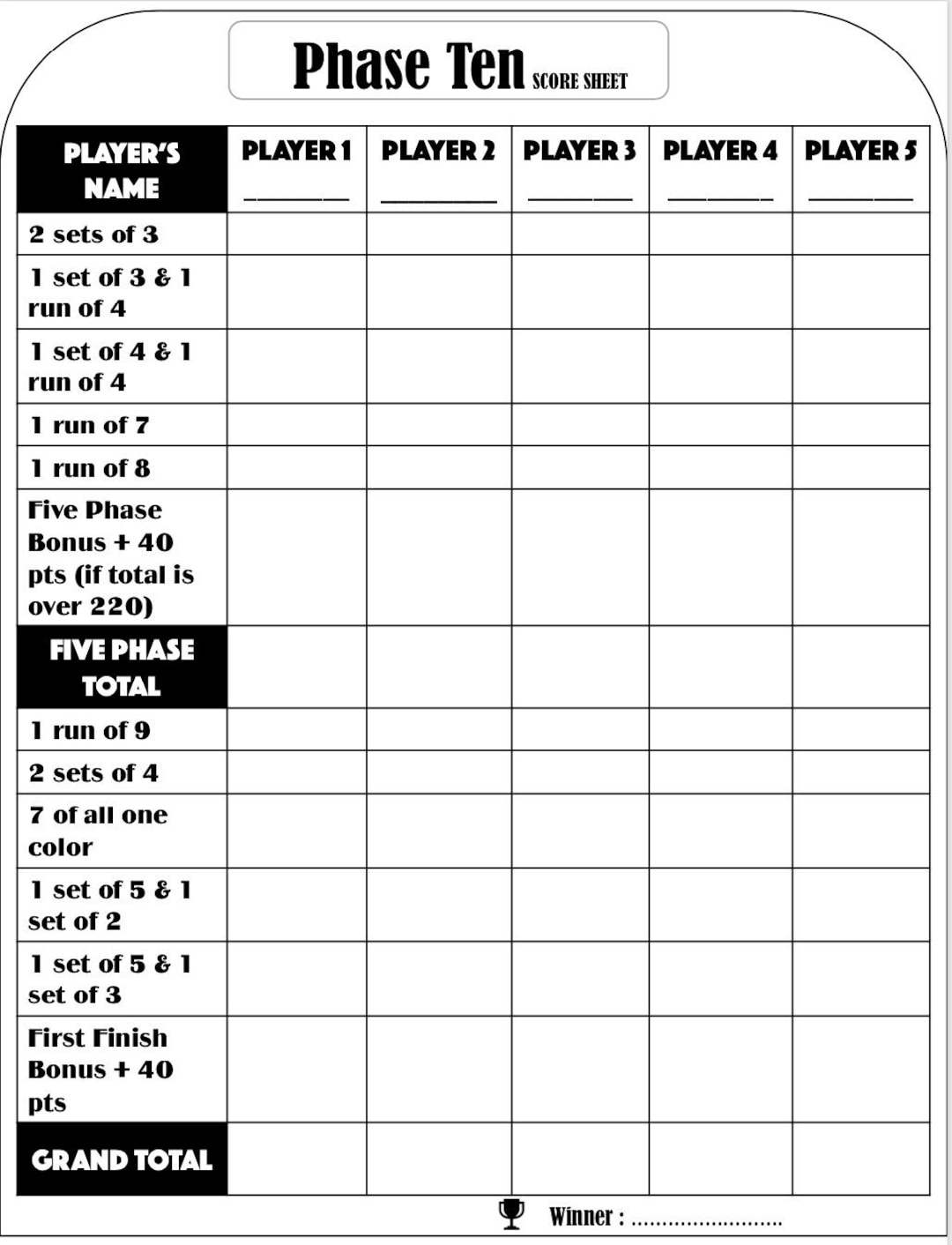 Phase Ten Score Card Phase Ten Scoresheet Phase Ten Score Pads Printable File PDF Download 8 5x11 Etsy