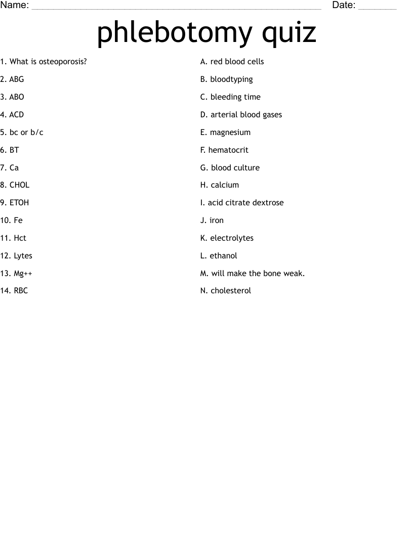 Phlebotomy Quiz Worksheet WordMint