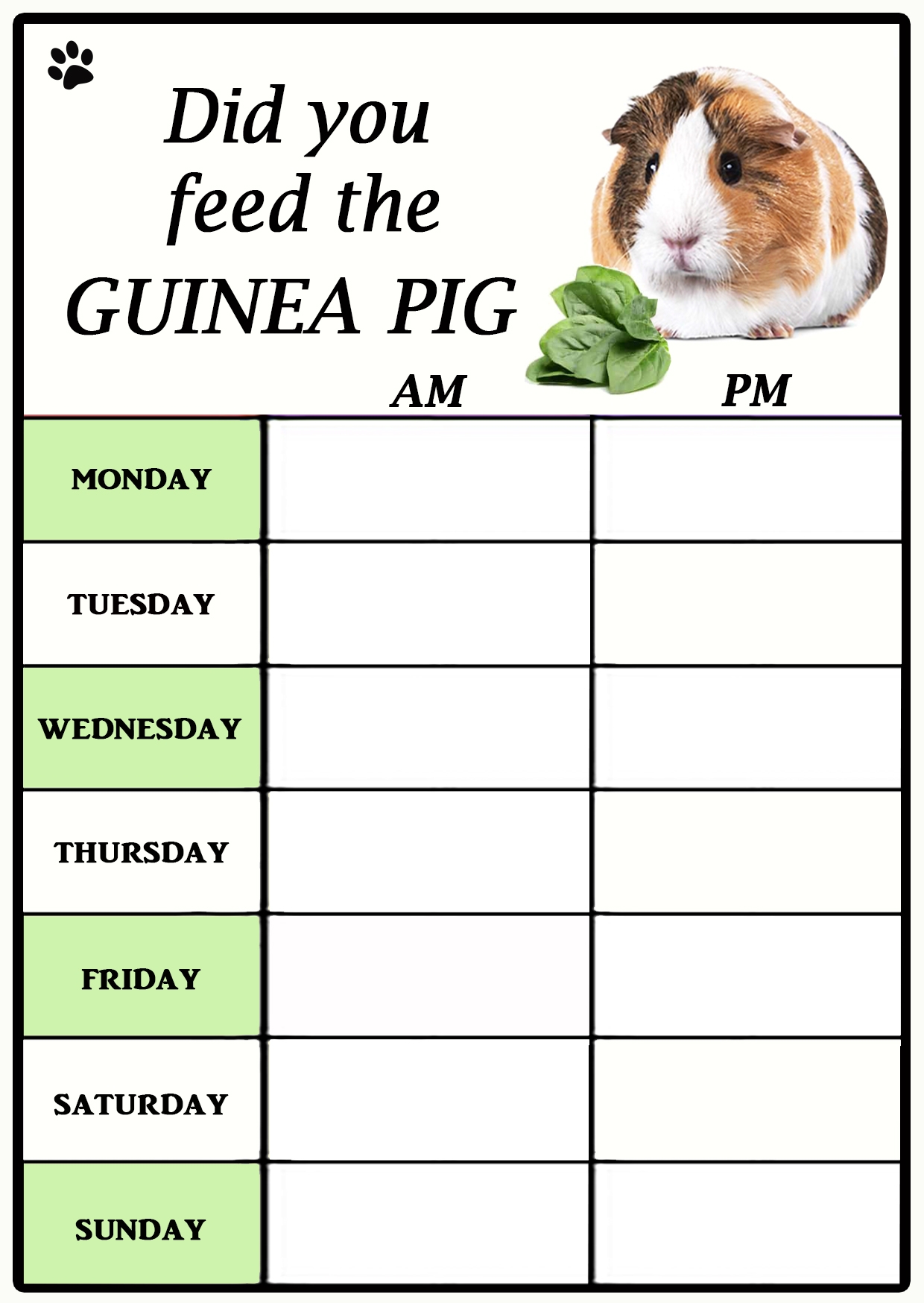 Free Printable Guinea Pig Food Chart