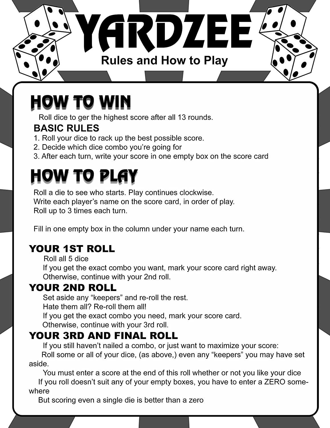 Free Printable Yard Yahtzee Score Sheets