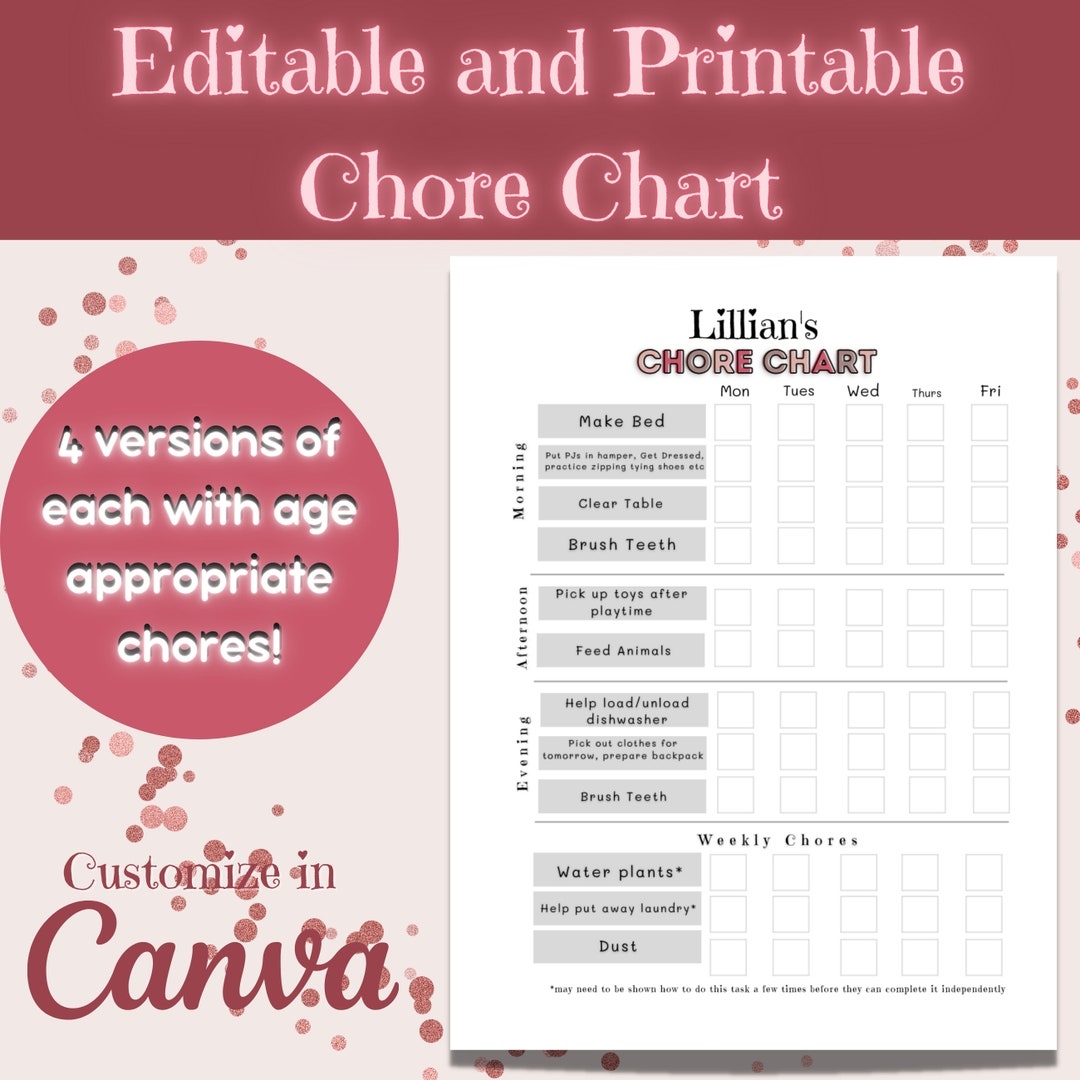 Pink Chore Chart Printable And Customizable Editable Chore Chart 4 Versions For Toddlers Preschoolers Elementary Edit In Canva Etsy