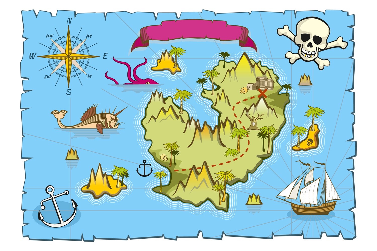 Pirate Map Template Treasure Island In Blue Sea