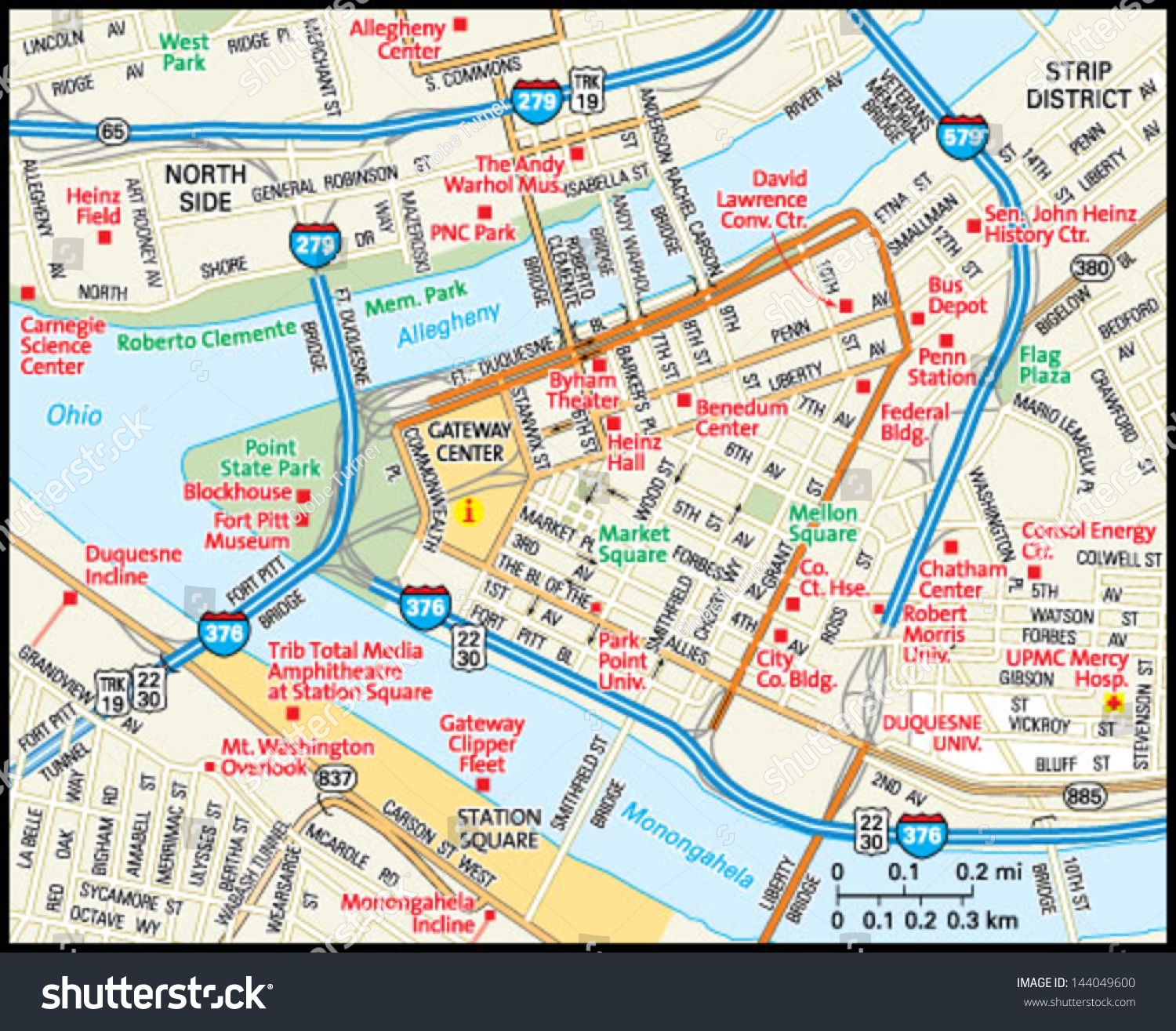 Pittsburgh Pennsylvania Downtown Map Stock Vector Royalty Free 144049600 Shutterstock