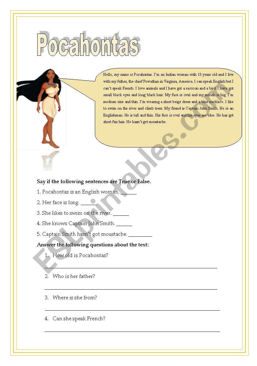 Pocahontas ESL Worksheet By Morganalin Pocahontas ESL Worksheet By Morganalin