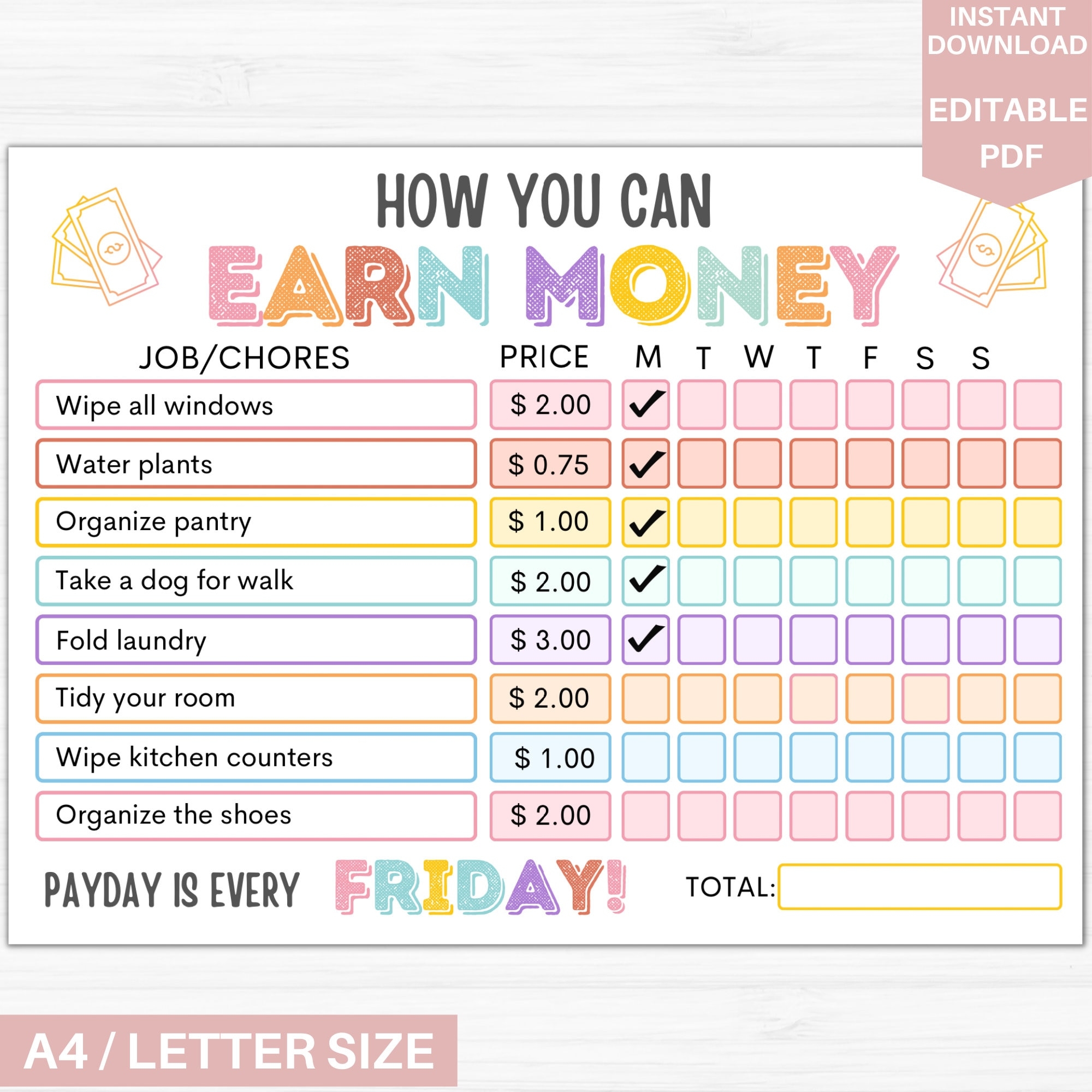 Pocket Money Chart Etsy Pocket Money Chart Etsy