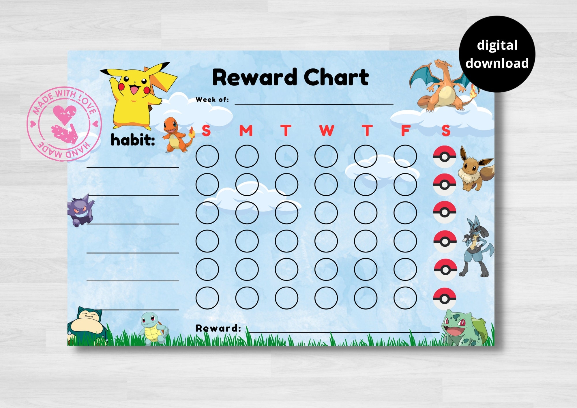 Pok mon Reward Chart For Kids Habit Tracker Pokemon Pikachu Snorlax Charizard Self Help Digital Download Printable Etsy