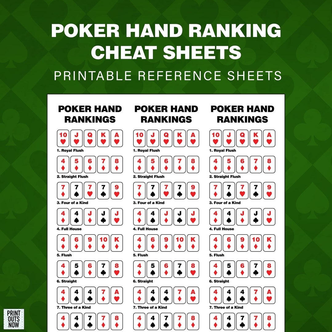 Poker Hand Ranking Cheat Sheet Print Out Instant Download For Texas Hold em Stud Draw More Etsy