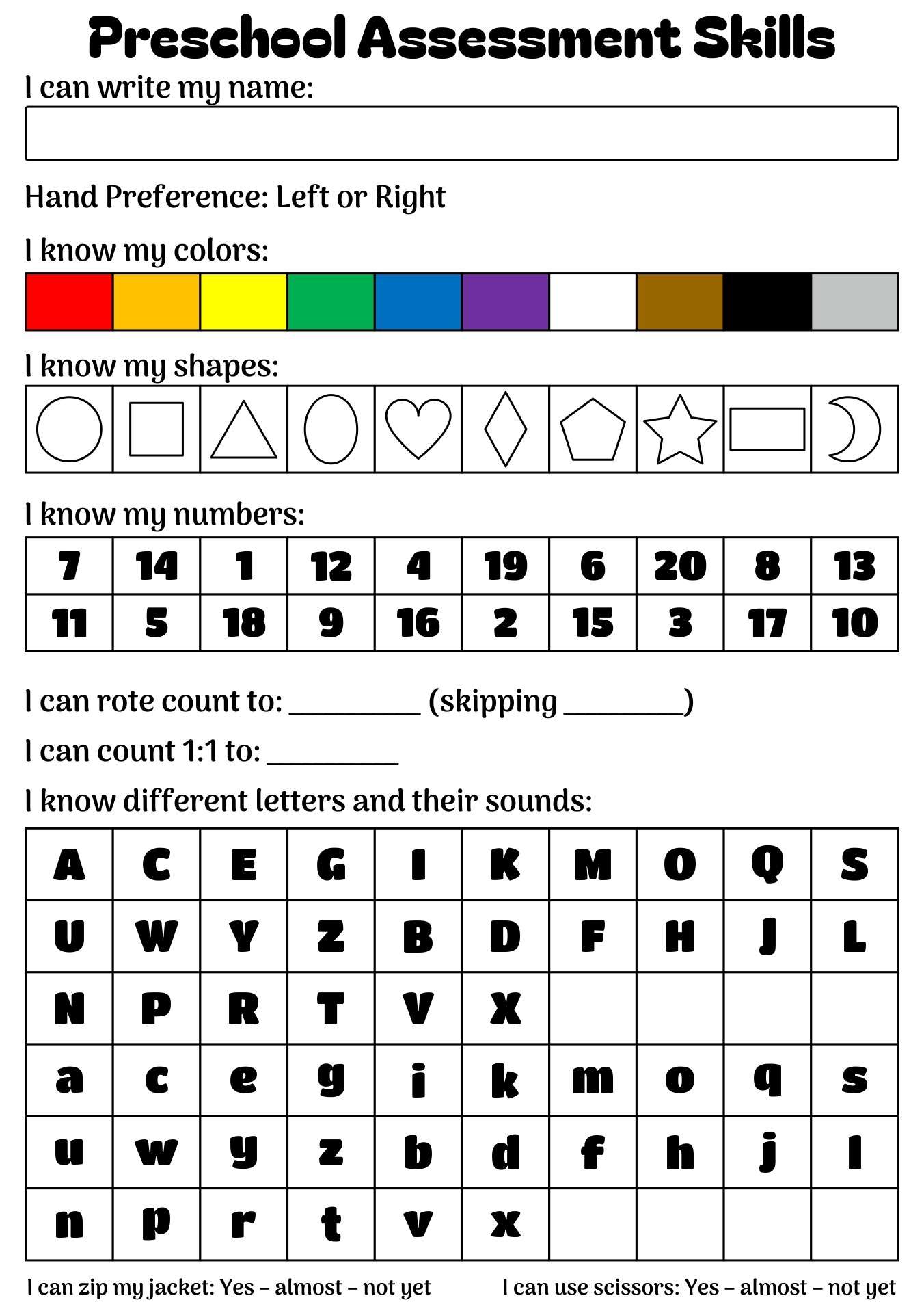 Printable Preschool Assessment Sheet