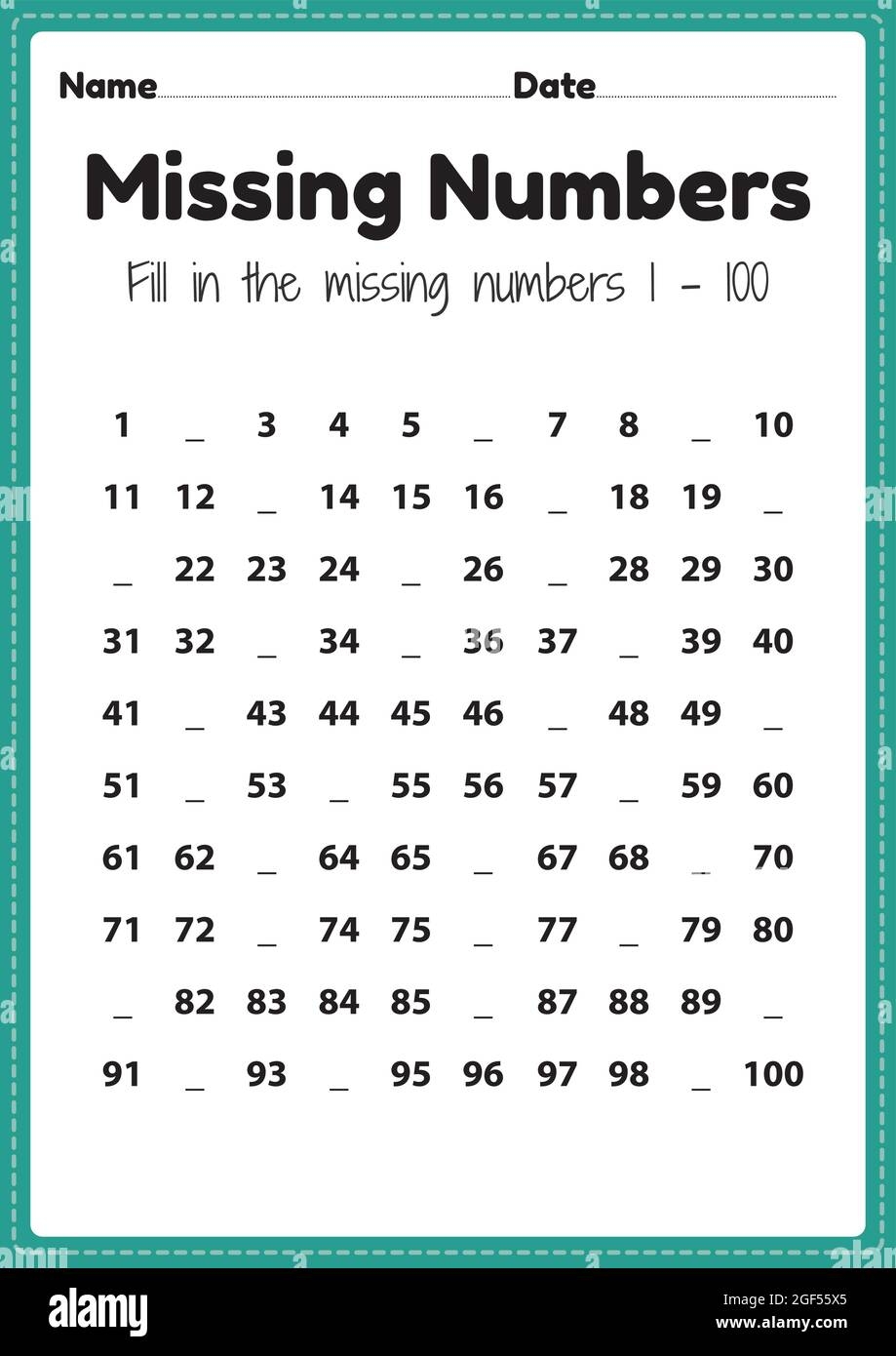Preschool Math Worksheets Missing Numbers 1 To 100 Printable Sheet For Kindergarten Kids Activity To Learn Basic Mathematics Skills Stock Vector Image Art Alamy