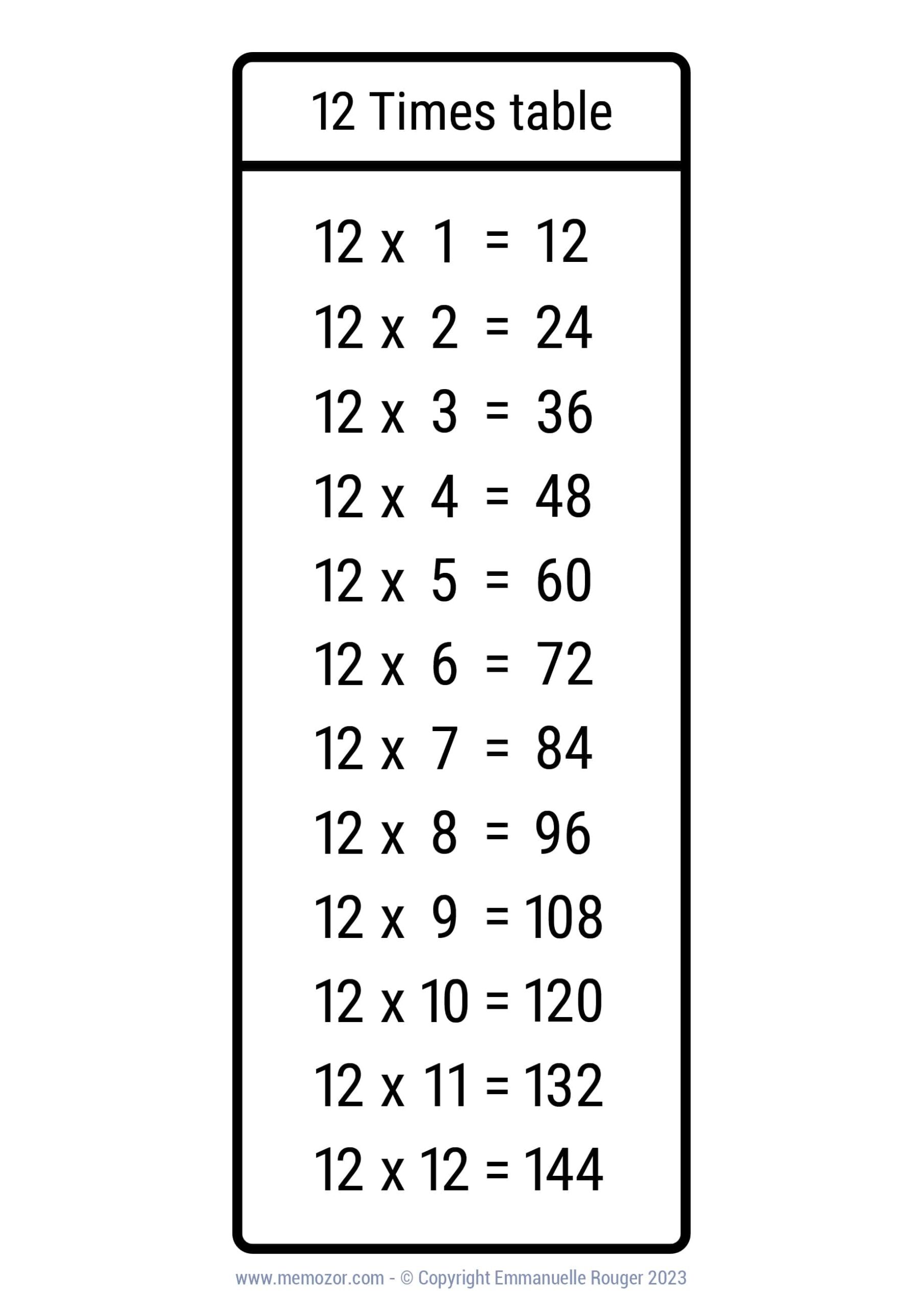 12 Times Table Chart Printable