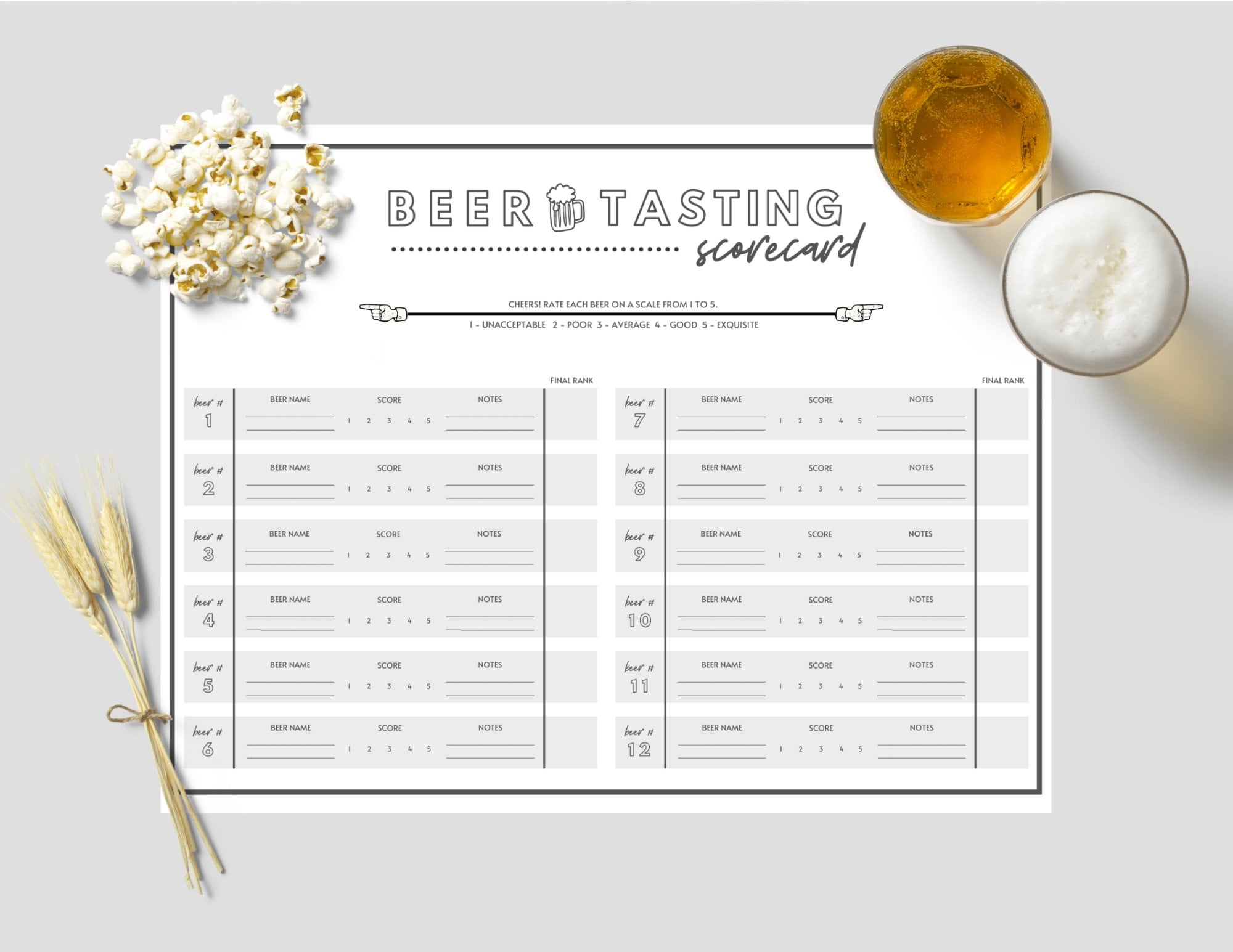 PRINTABLE 12 Beer Tasting Scorecard Score Sheet