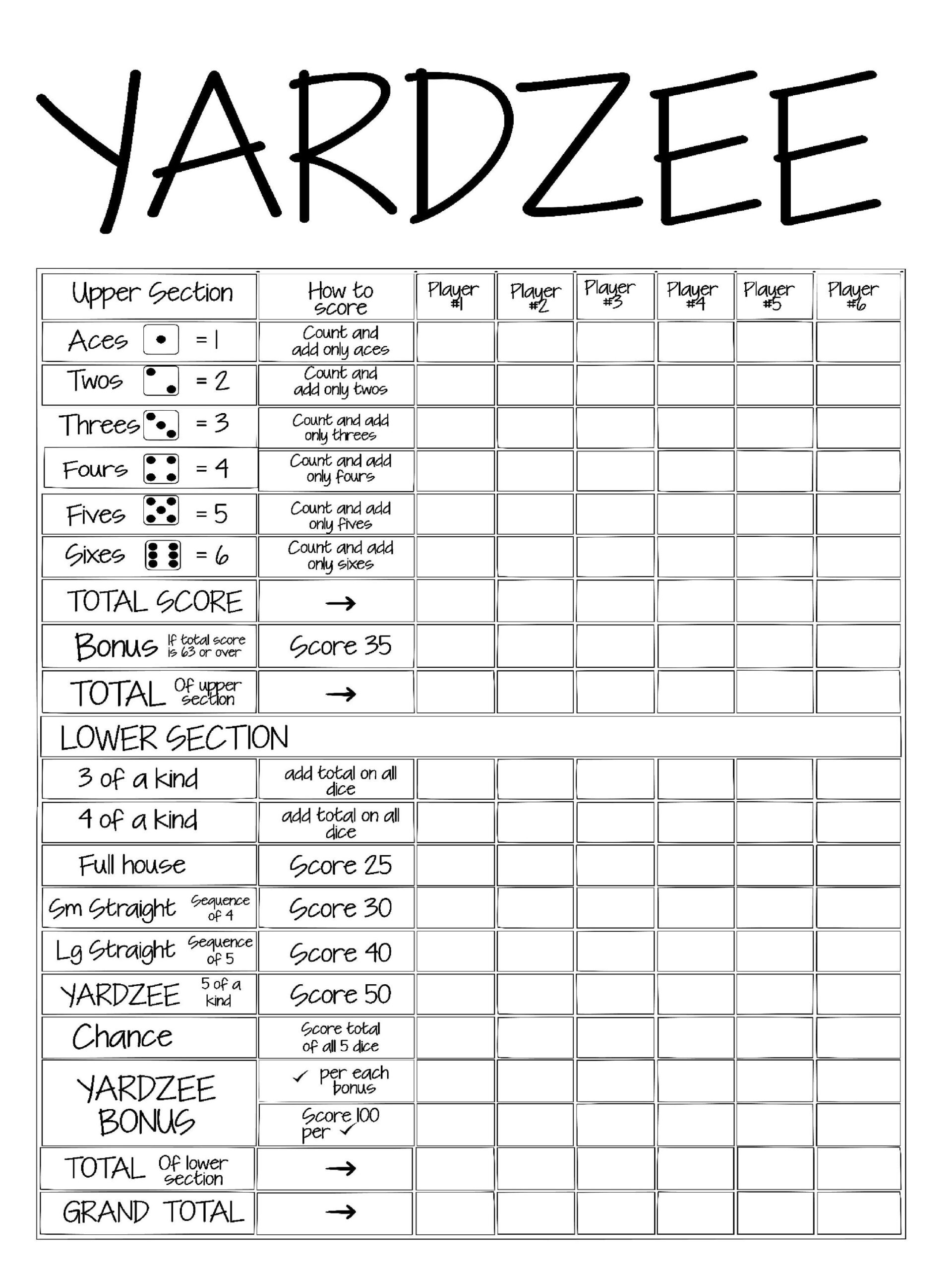 Printable 18x24 YARDZEE Multiplayer Score Card Printable DIY Yardzee Scorecard Digital File Etsy Canada