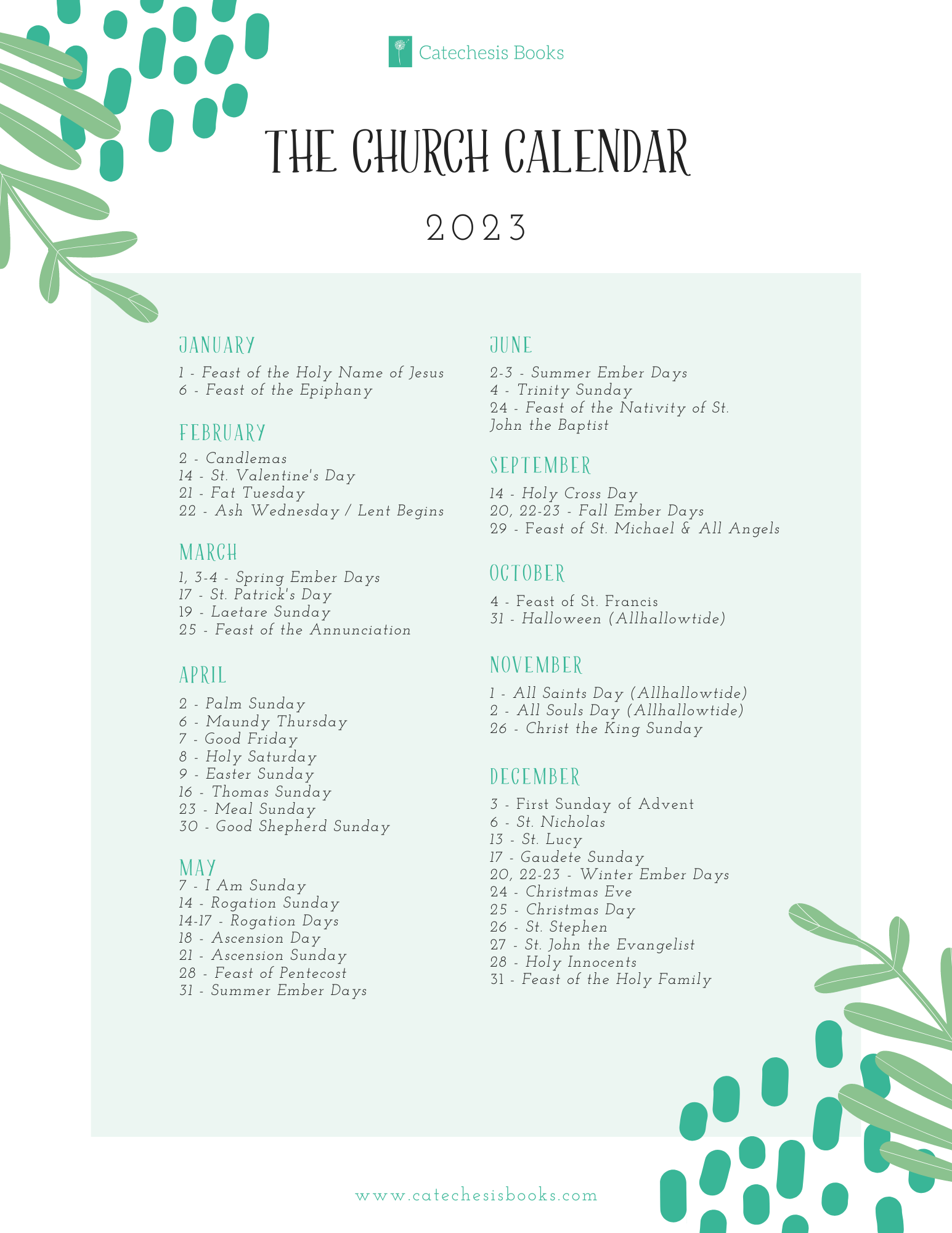 Printable 2023 Liturgical Calendar Catechesis Books