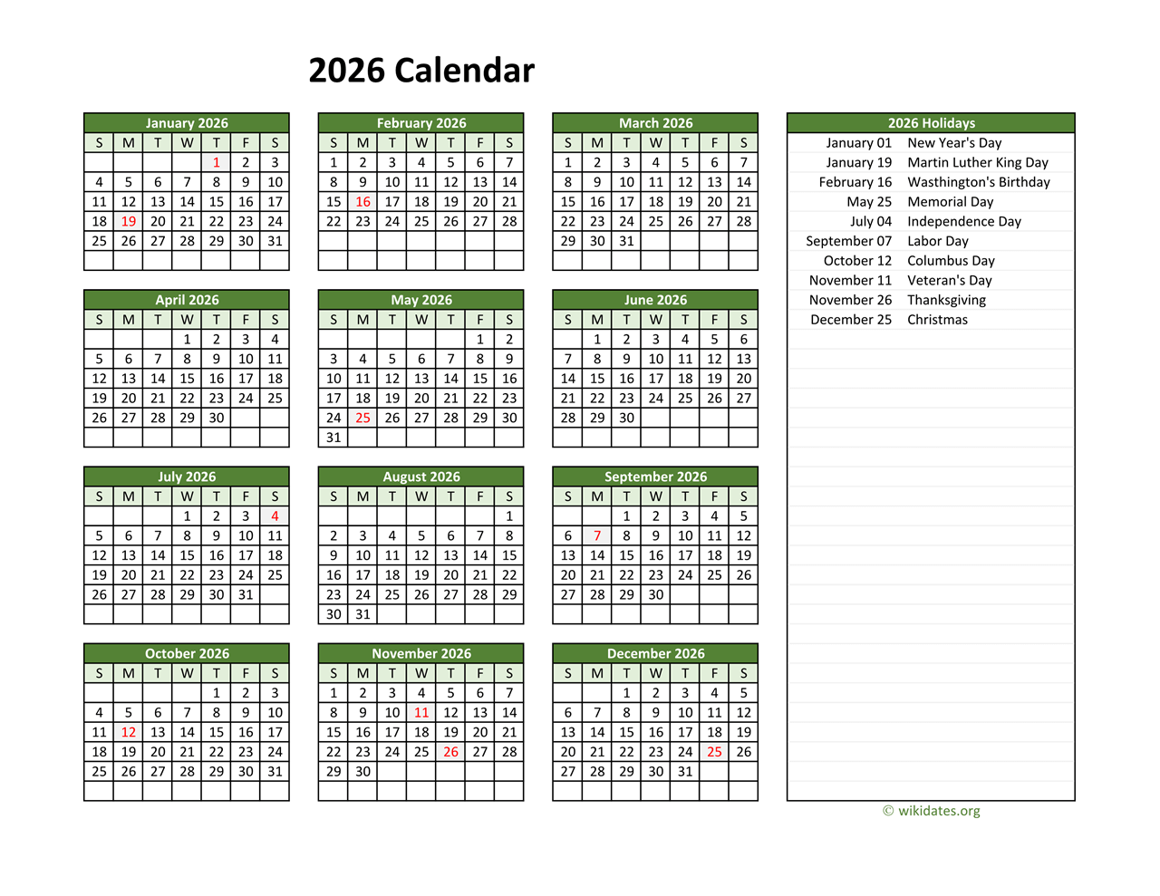 Printable 2026 Calendar With Federal Holidays WikiDates