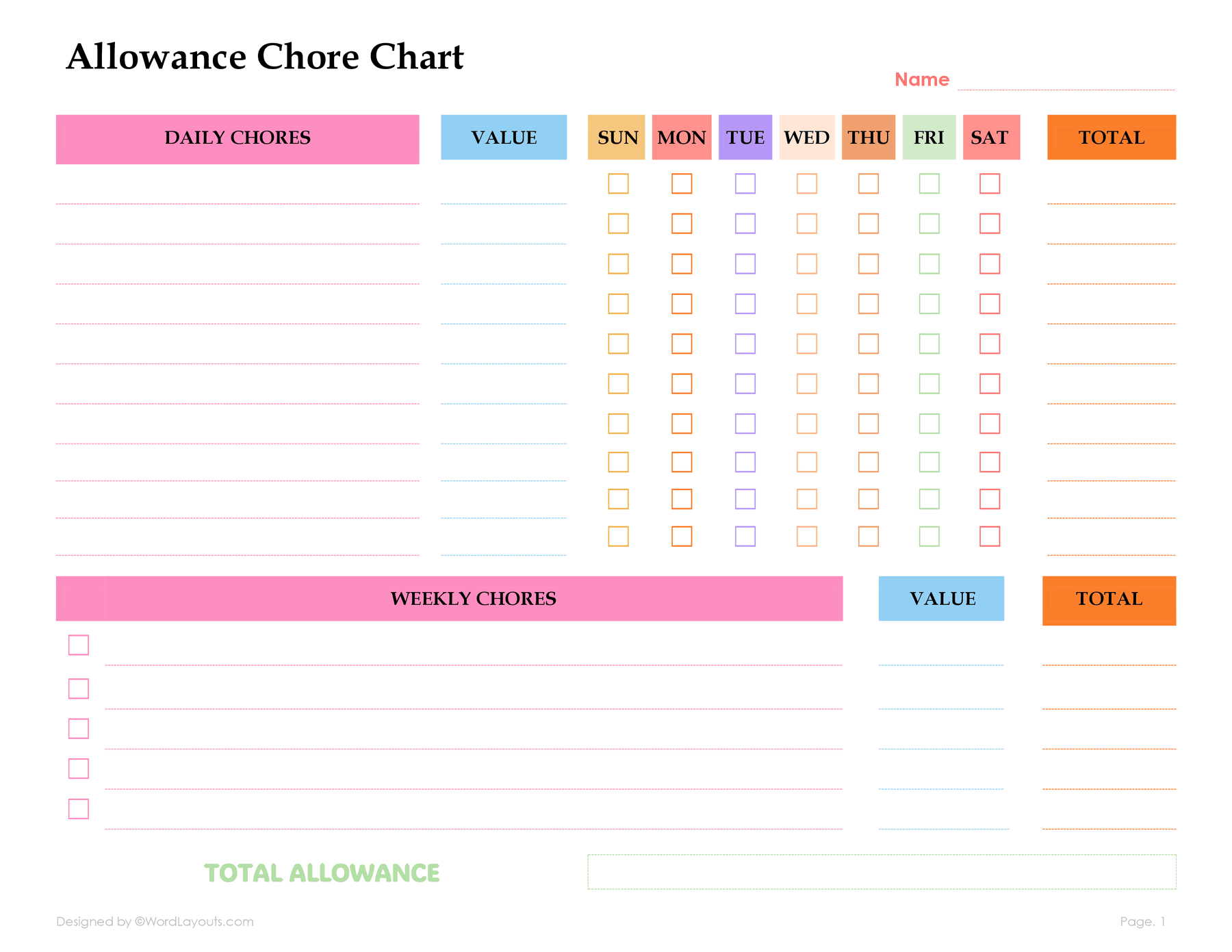 Printable Chore Price Chart