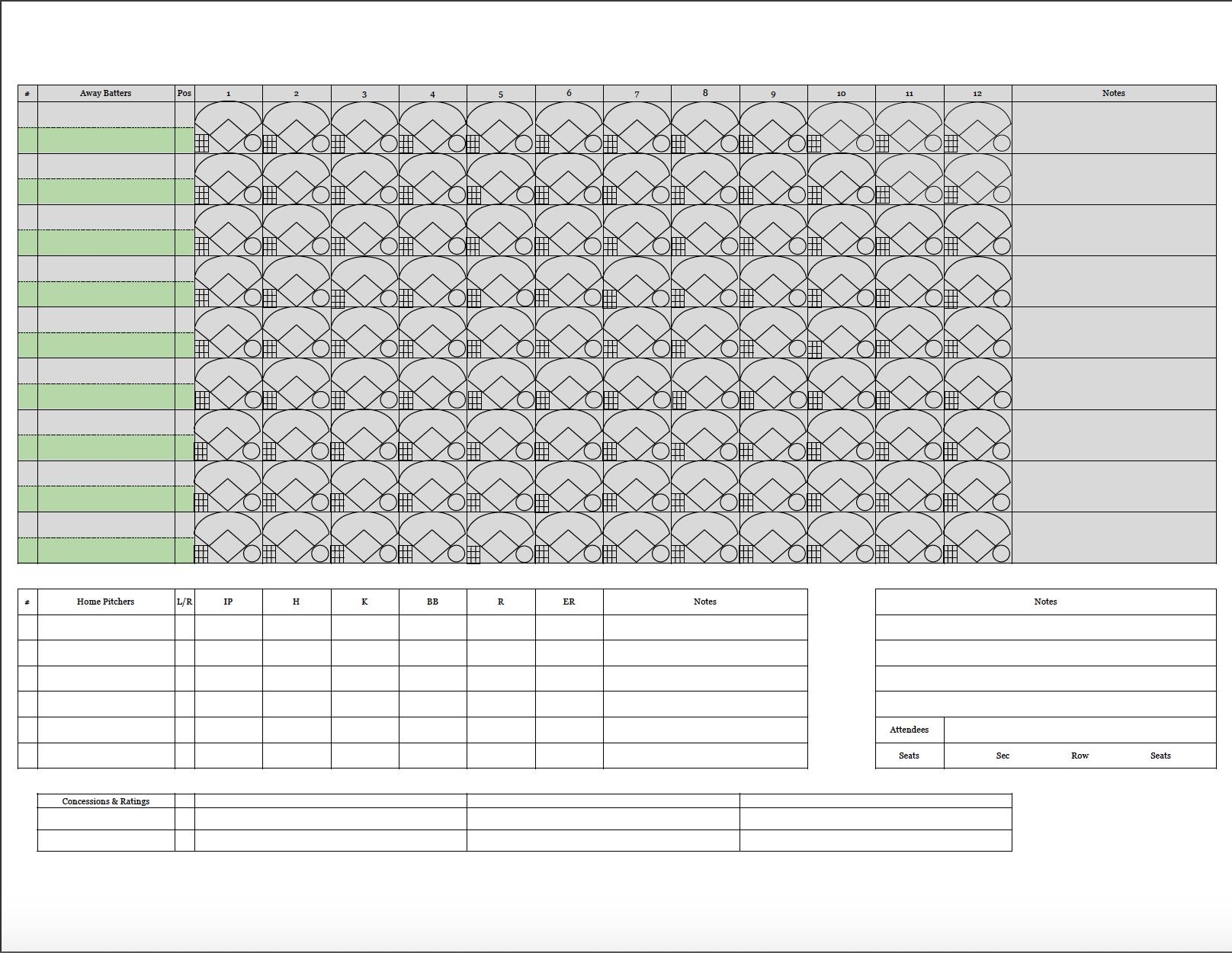 Printable Baseball softball Scorecard PDF Fan oriented Extra Room For Notes Color coded For Top And Bottom Of Inning Etsy