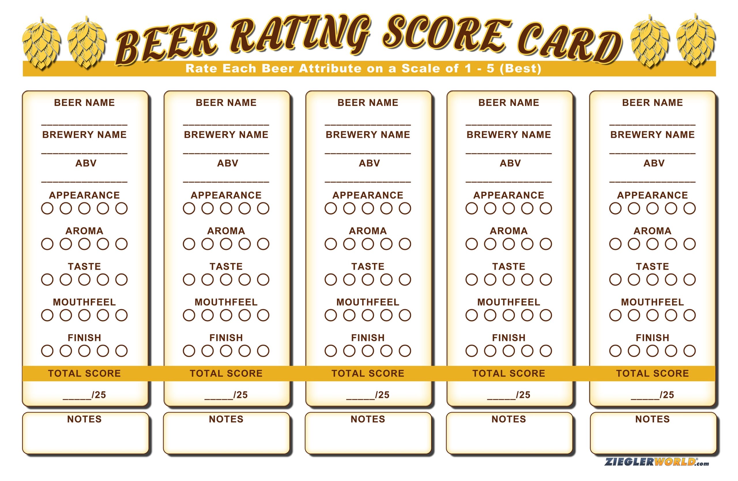 Printable Beer Flight Rating Score Card Tasting Score Sheet 