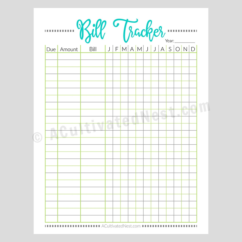 Printable Bill Tracker Worksheet Pixels A Cultivated Nest