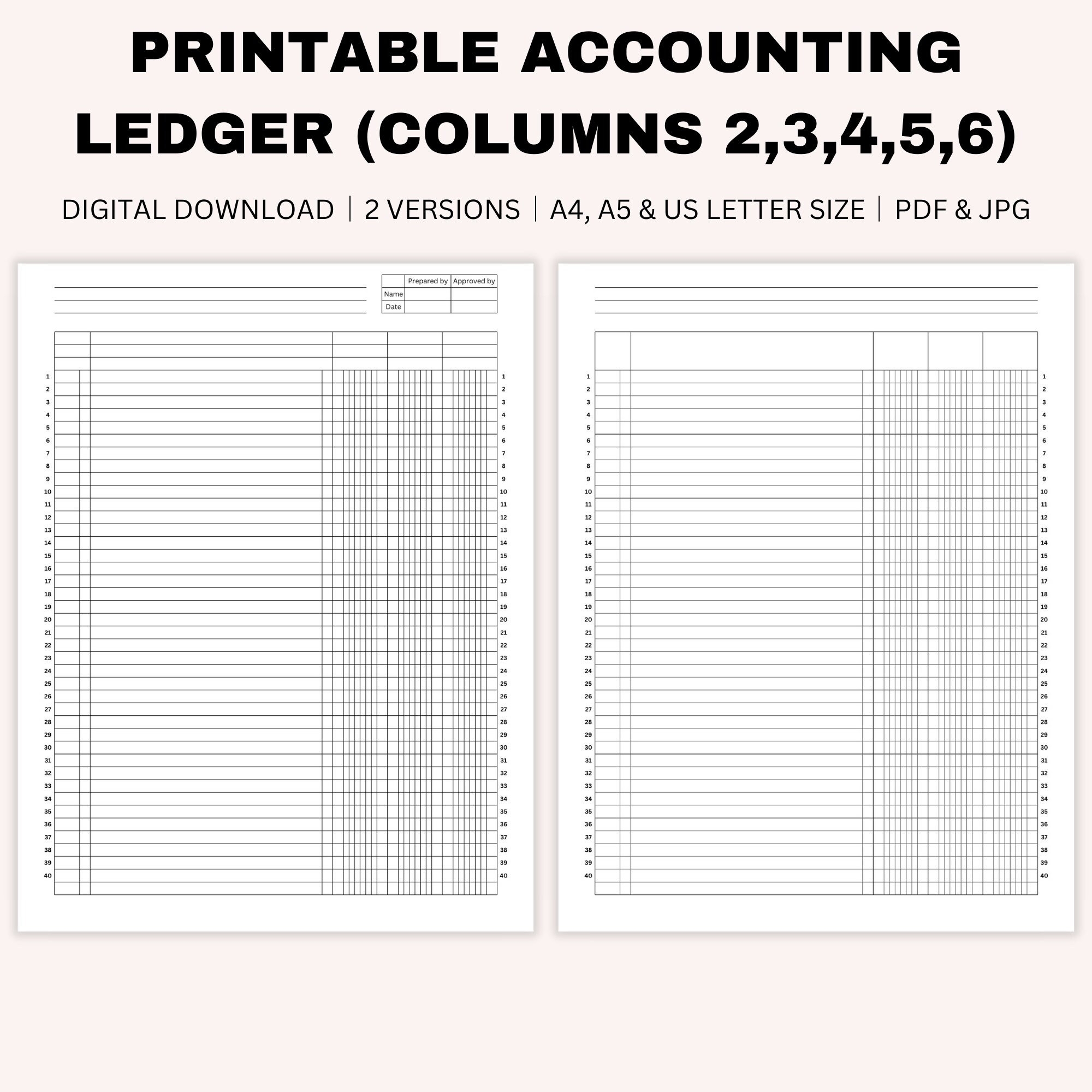 Printable Blank Accounting Ledger Log For Credits And Debits Bookkeeping Small Business 2 6 Columns Ledger A4 A5 US Letter Size Etsy