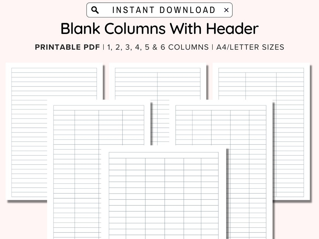 Printable Blank Columns Charts With Header One Two Three Four Five And Six Columns Table Worksheets PDF A4 letter Instant Download Etsy