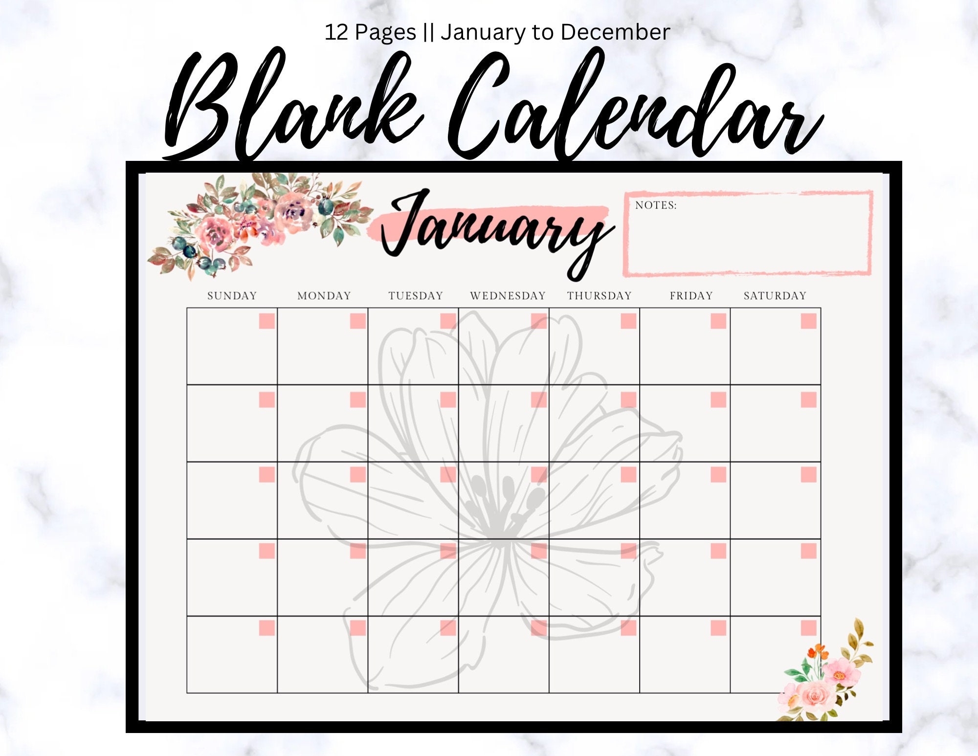 Printable Blank Monthly Calendar January To December PDF Instant Download 11x8 5 Etsy