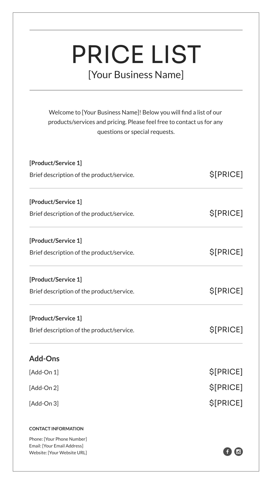 Printable Blank Price List Template Visme