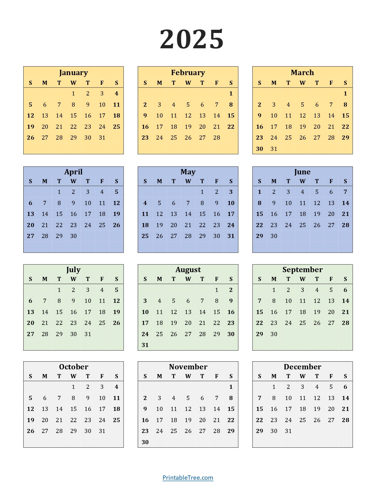 Printable Calendar 2025 One Page With Holidays Single Page 2025 Yearly Blank PDF Templates