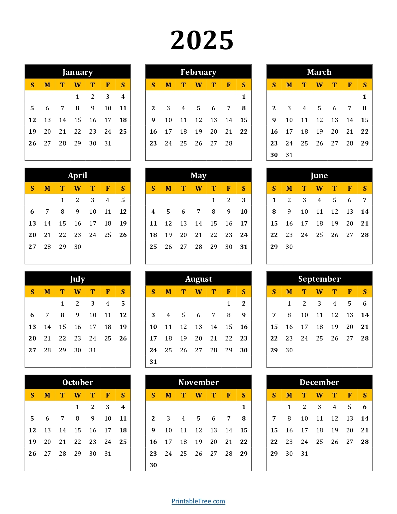 Printable Calendar 2025 One Page With Holidays Single Page 2025 Yearly Blank PDF Templates