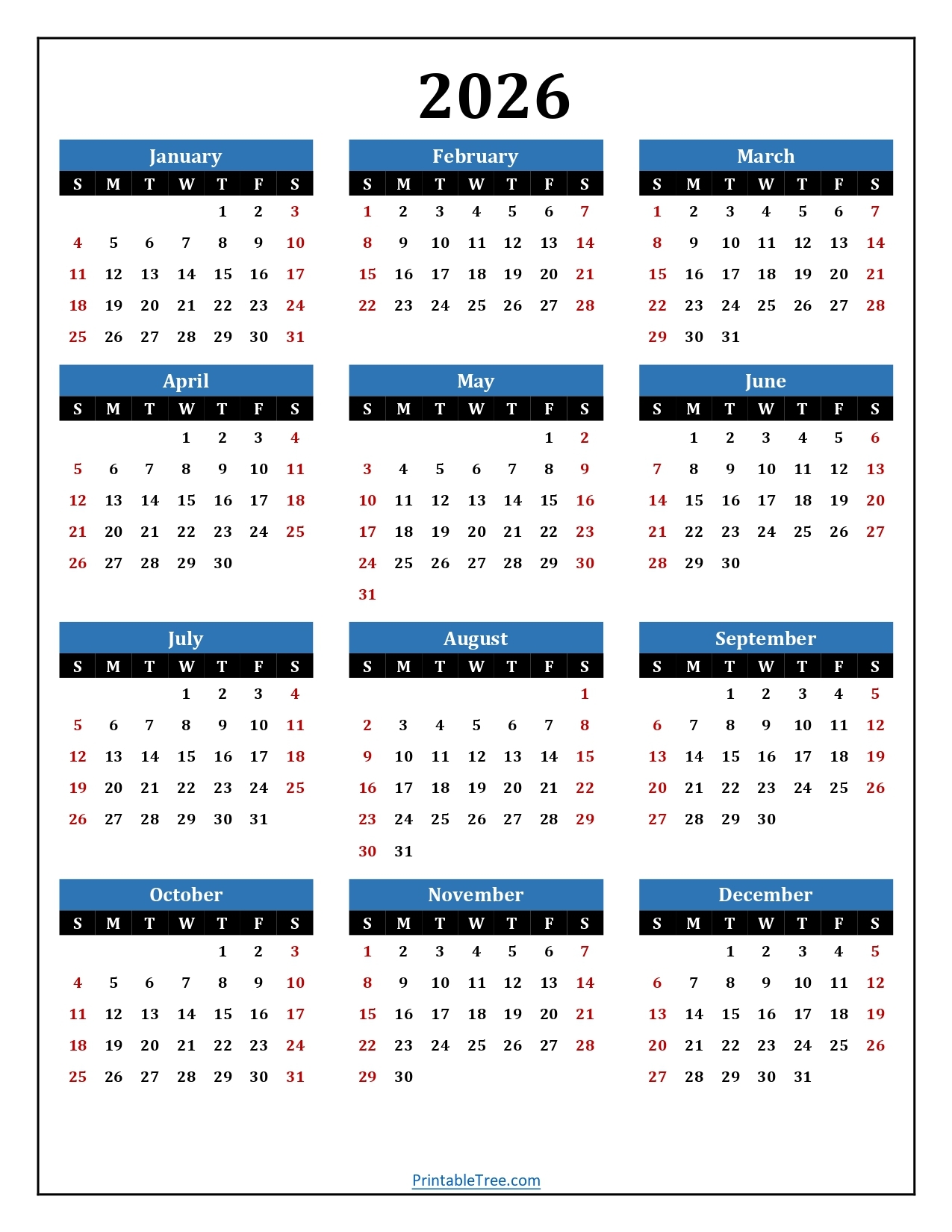 6 Month Calendar 2026 Printable Free