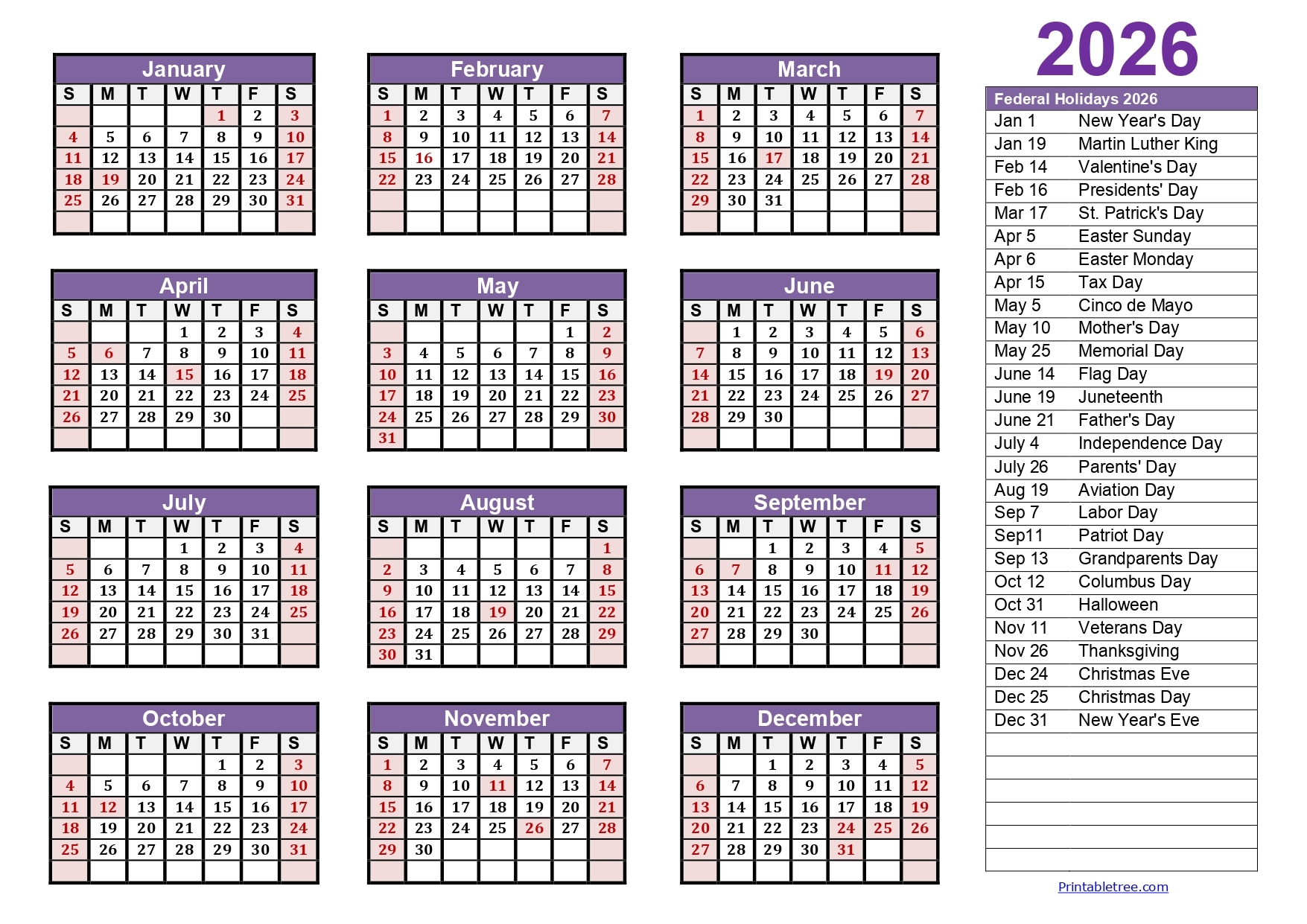 Free Printable Daily Calendar 2026