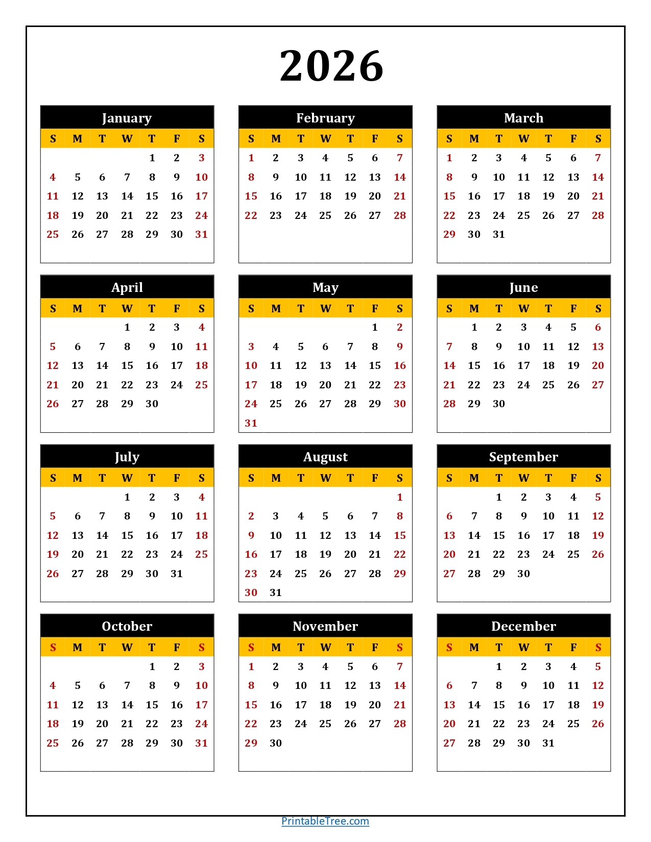 Printable Calendar 2026 One Page With Holidays Single Page 2026 Yearly Blank PDF Templates Printable Calendar 2026 One Page With Holidays Single Page 2026 Yearly Blank PDF Templates